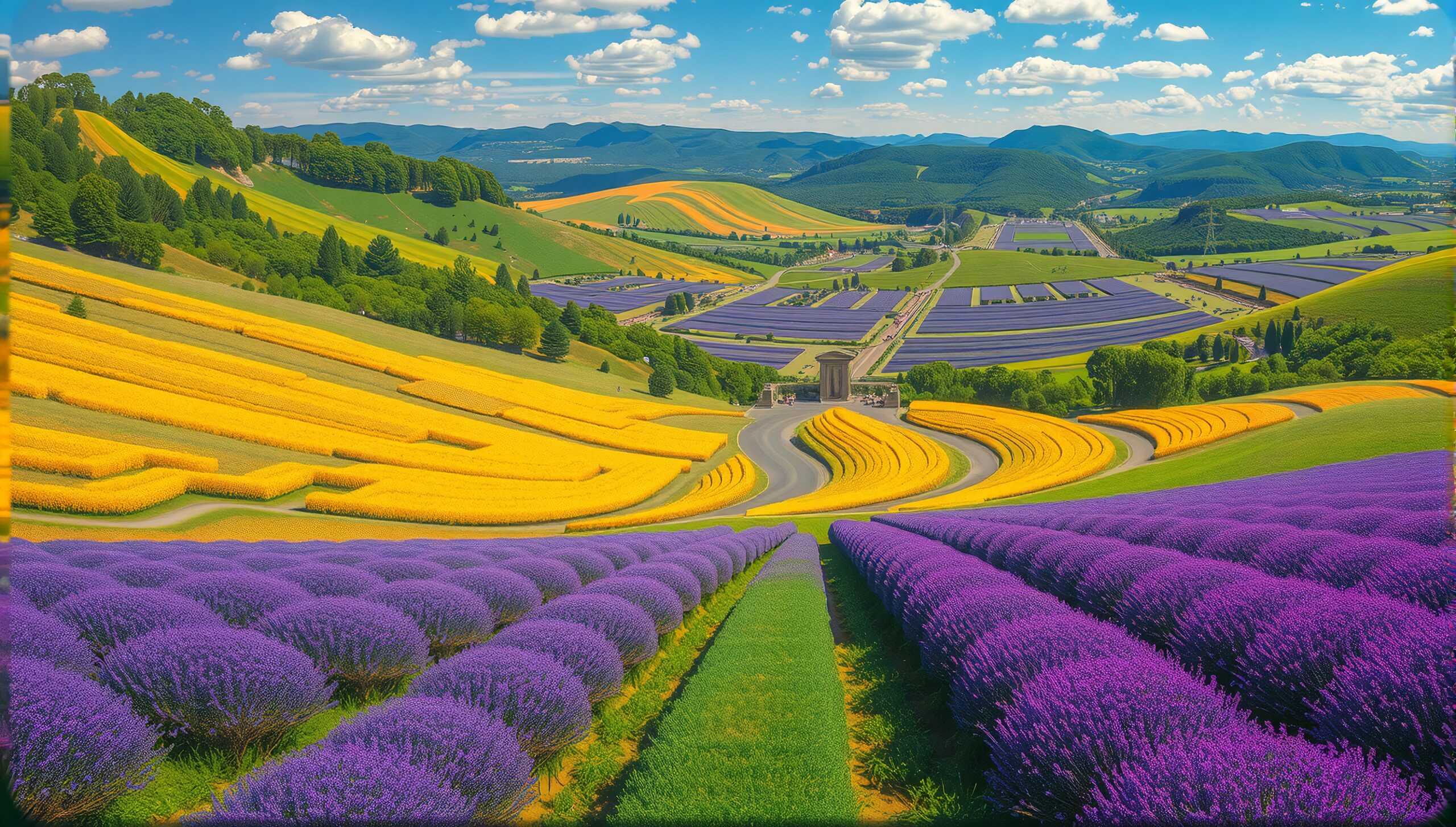 An expansive landscape of lavender and yellow flower fields set against rolling hills and a blue sky.