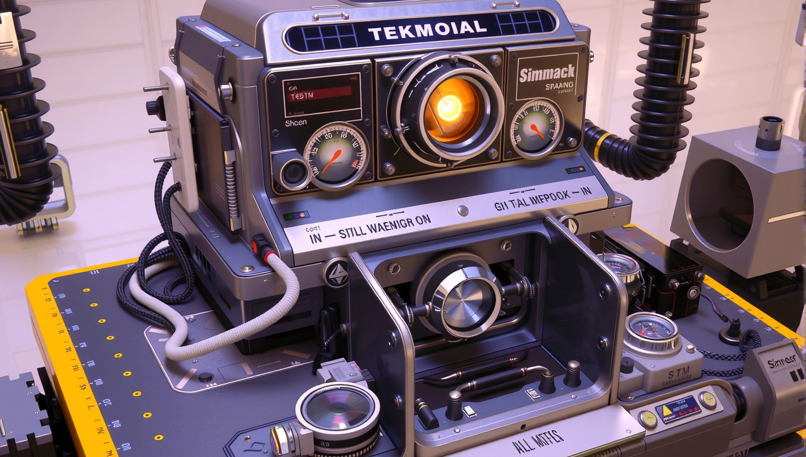 A futuristic machine with glowing dials, wires, and a digital display on an industrial panel.