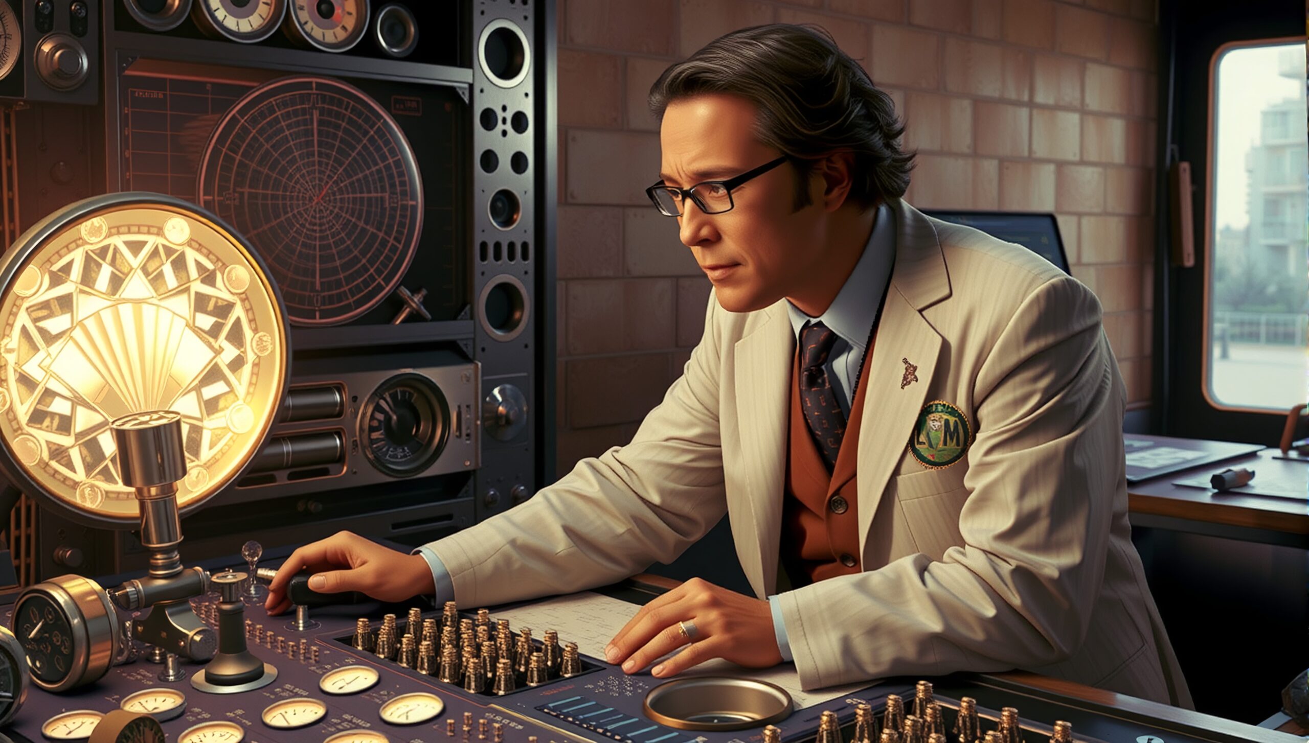 A focused man in a vintage suit operates a retro control panel with glowing dials and numerous buttons.