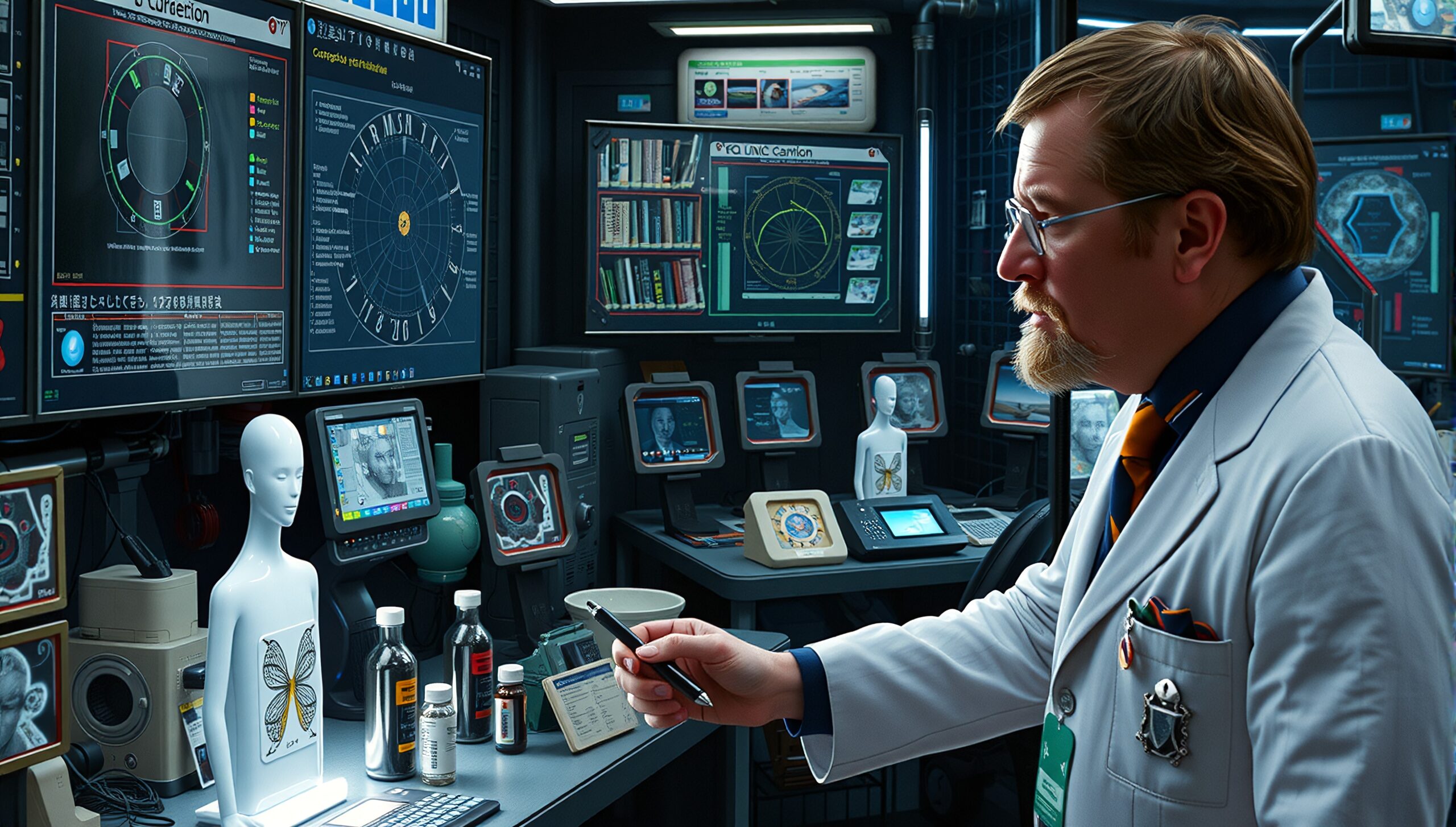 Scientist examines data in a high-tech laboratory setting.