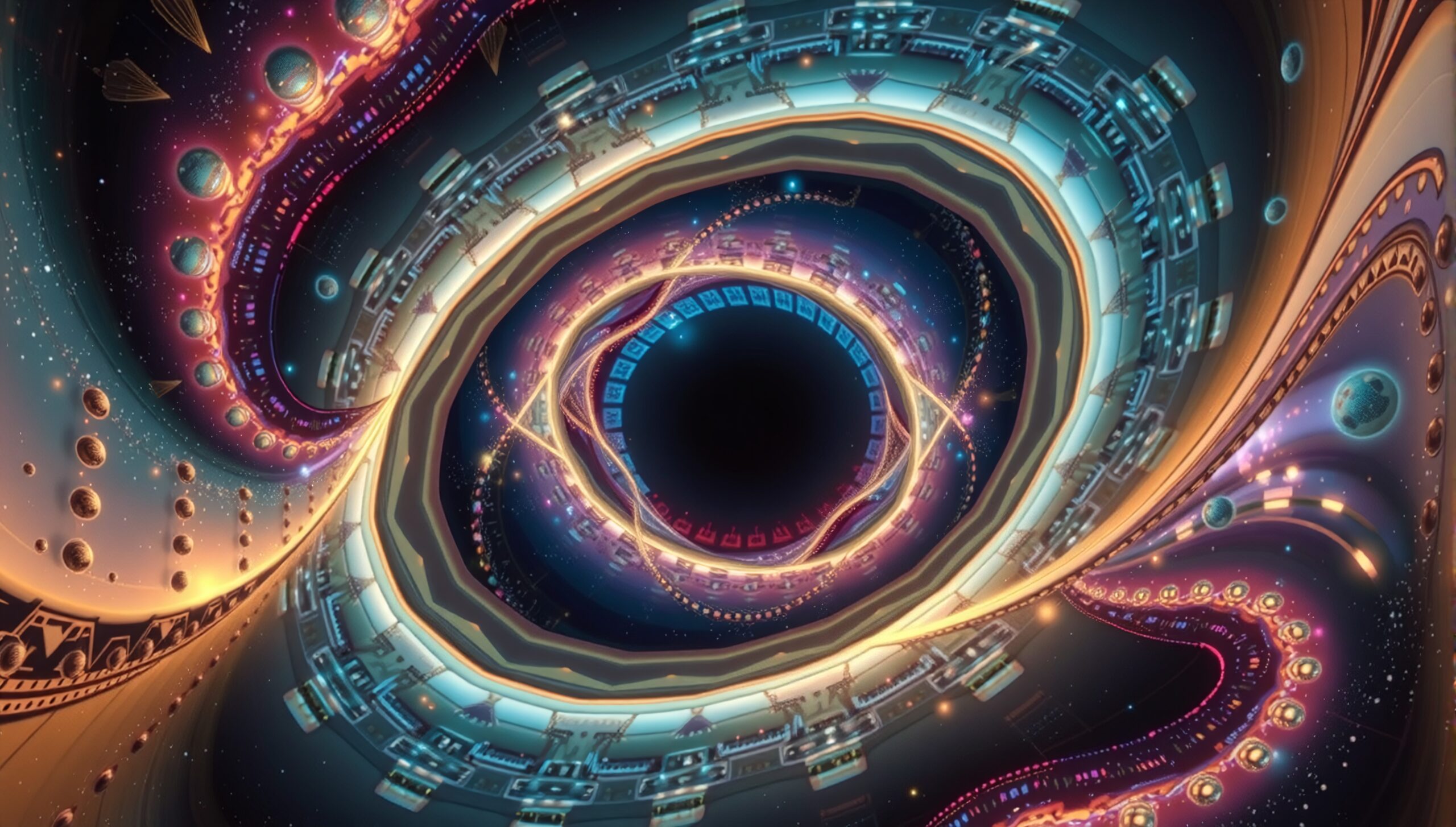 Abstract space-themed vortex of glowing patterns and colors.