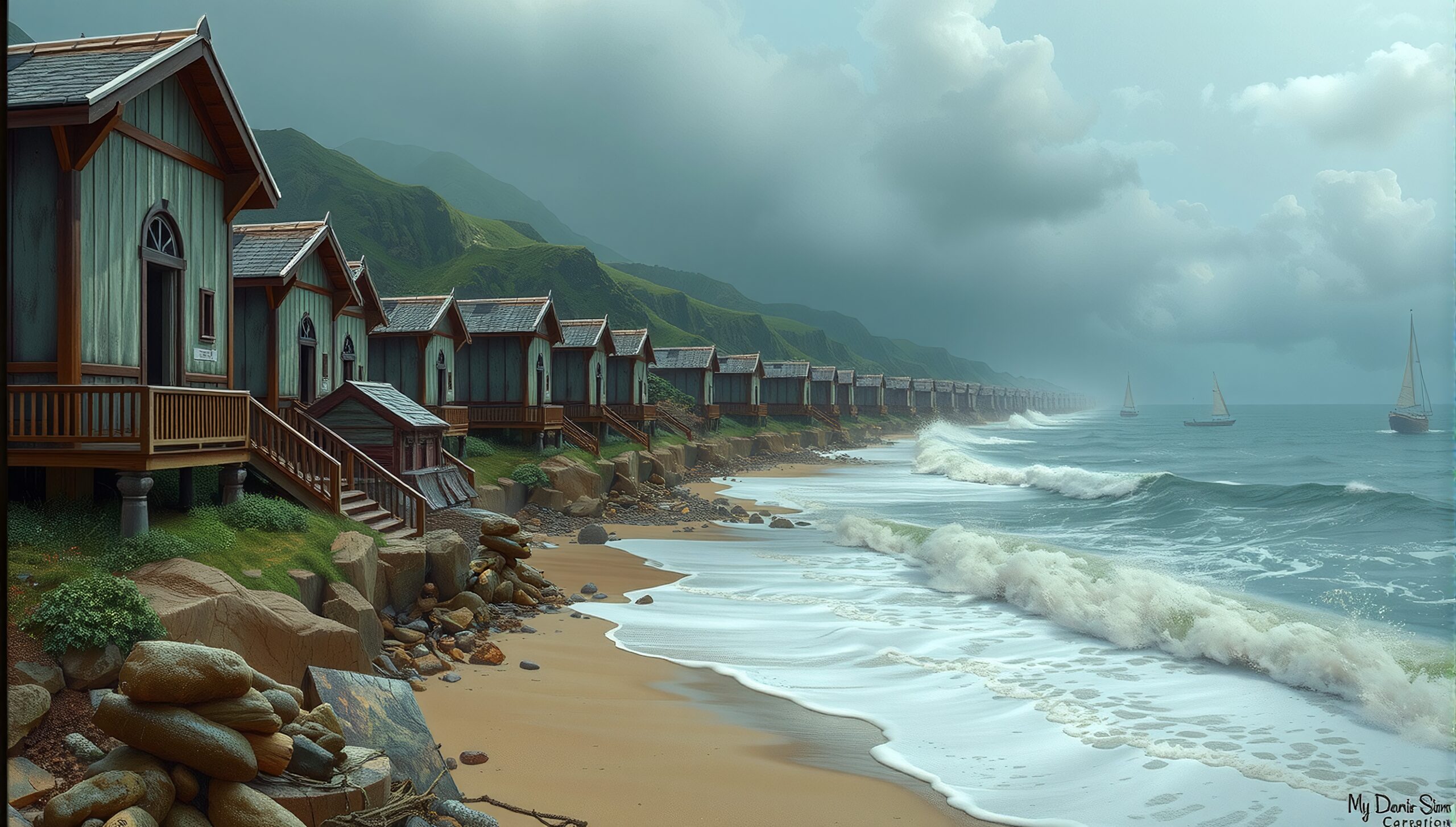 Row of seaside cottages against a rugged shoreline with calm waves and sailboats in the background.