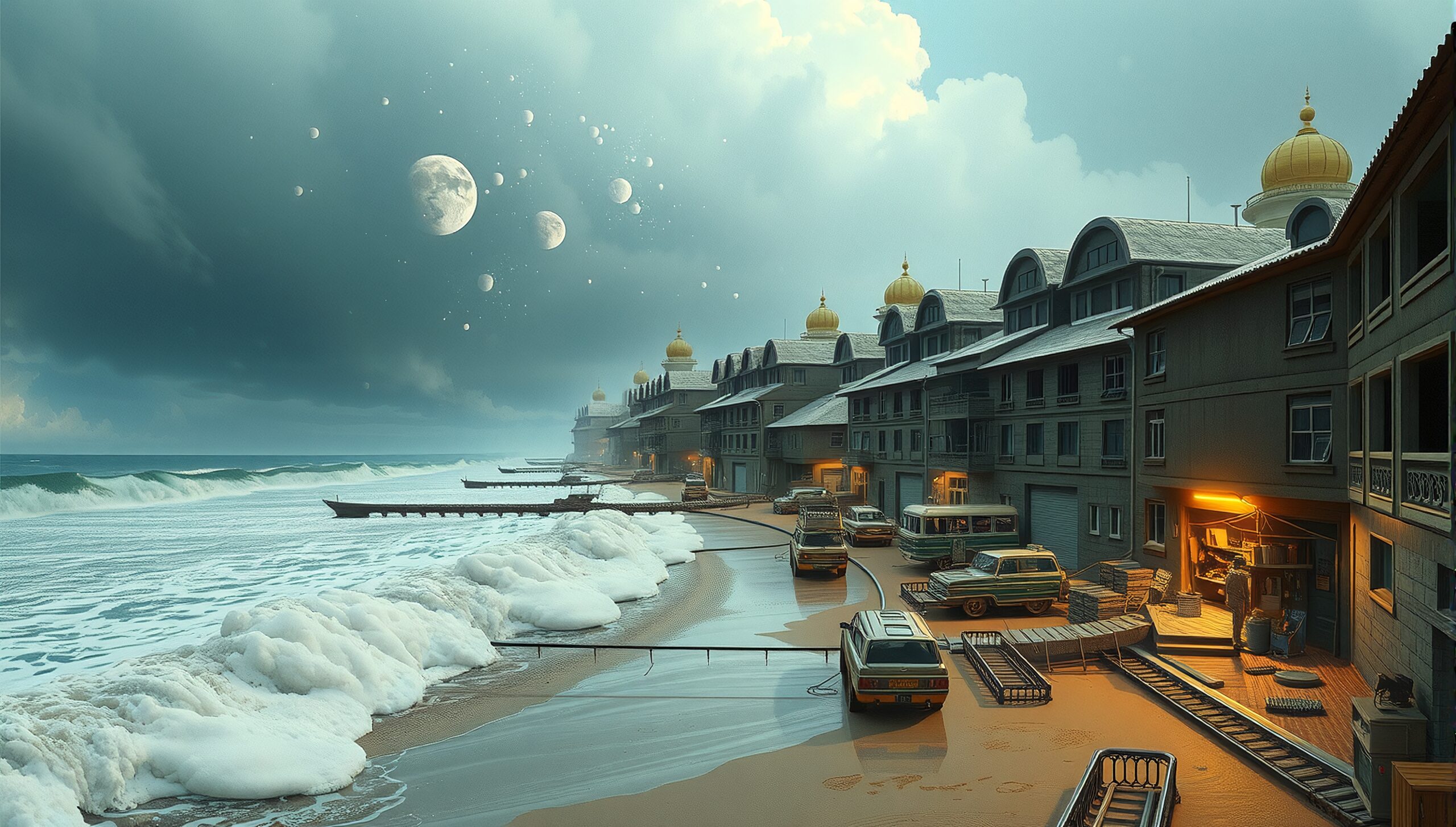 A surreal urban waterfront with celestial skies and golden-domed architecture.