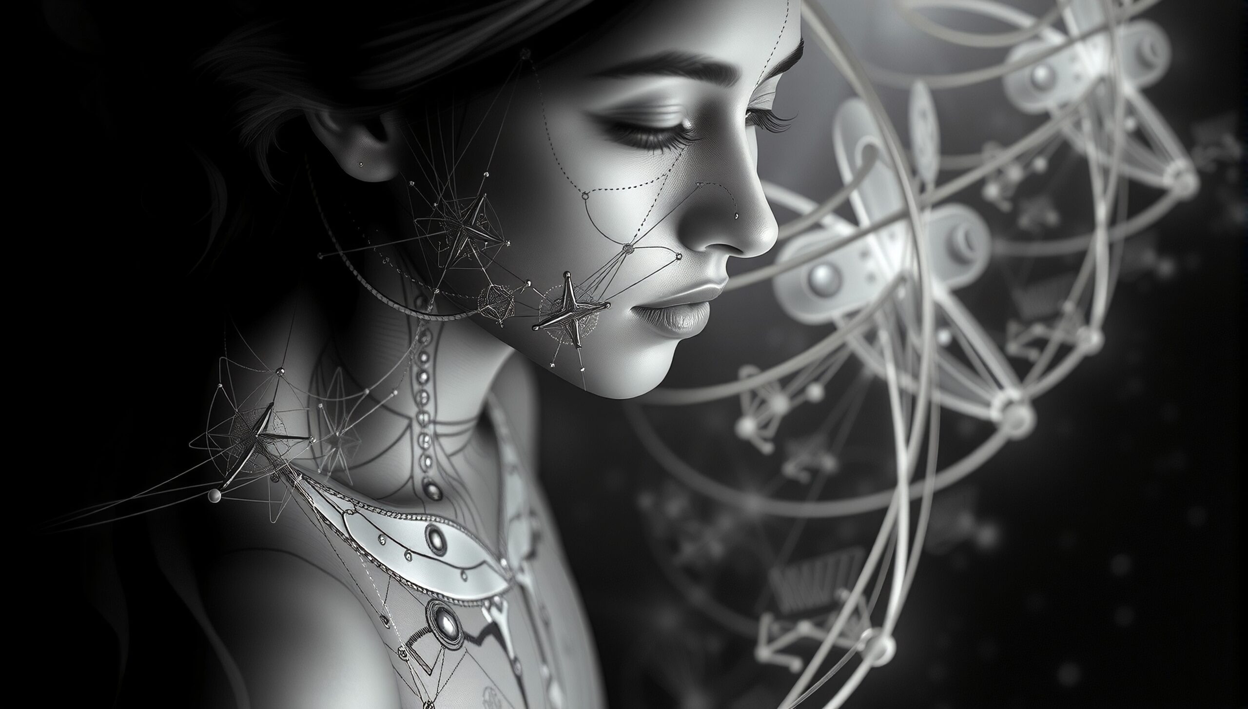 Grayscale portrait of a woman with intricate jewelry-like patterns and a celestial background, conveying serenity and fantasy.