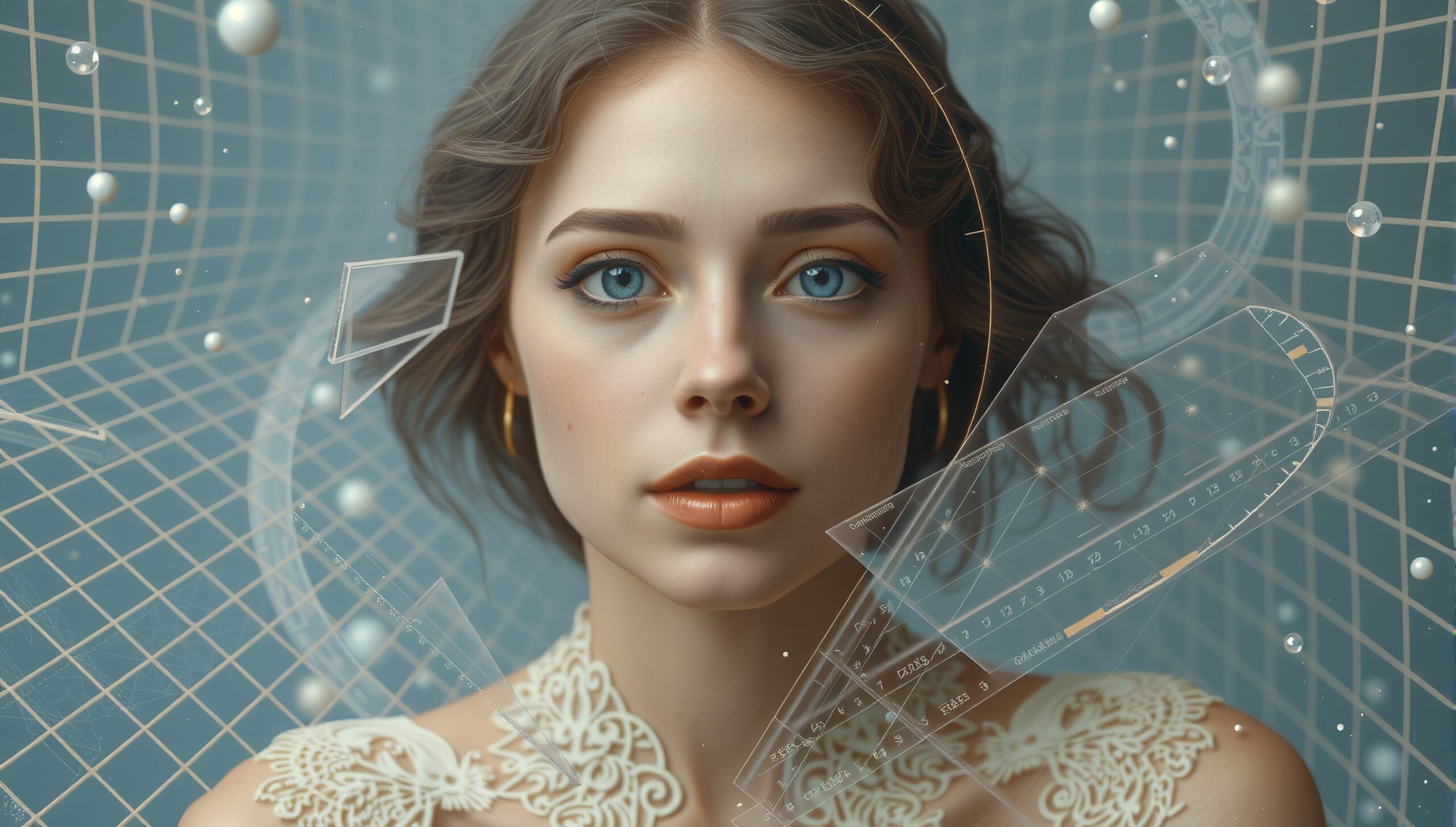 A young woman with blue eyes surrounded by geometric digital patterns in a futuristic setting.