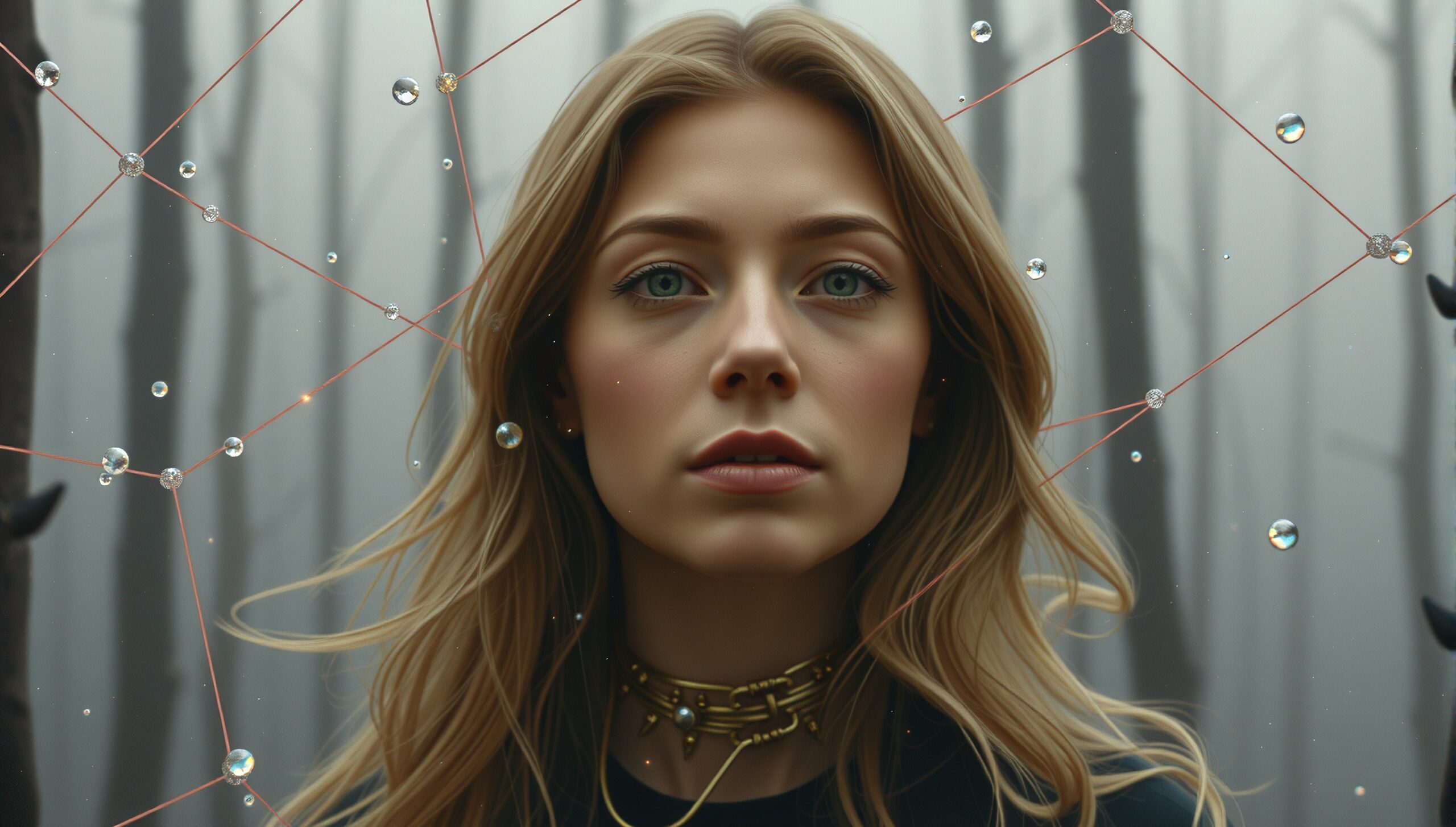 Young woman with geometric string design in a mystical forest.