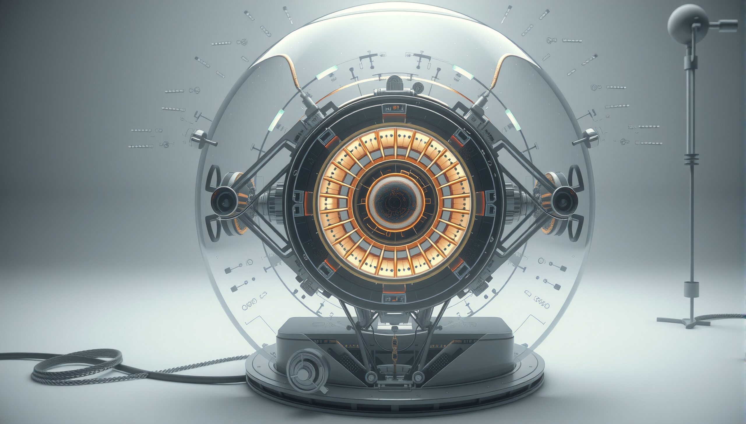Futuristic machine with glowing central core encapsulated in a transparent sphere, showcasing intricate design and advanced technology.