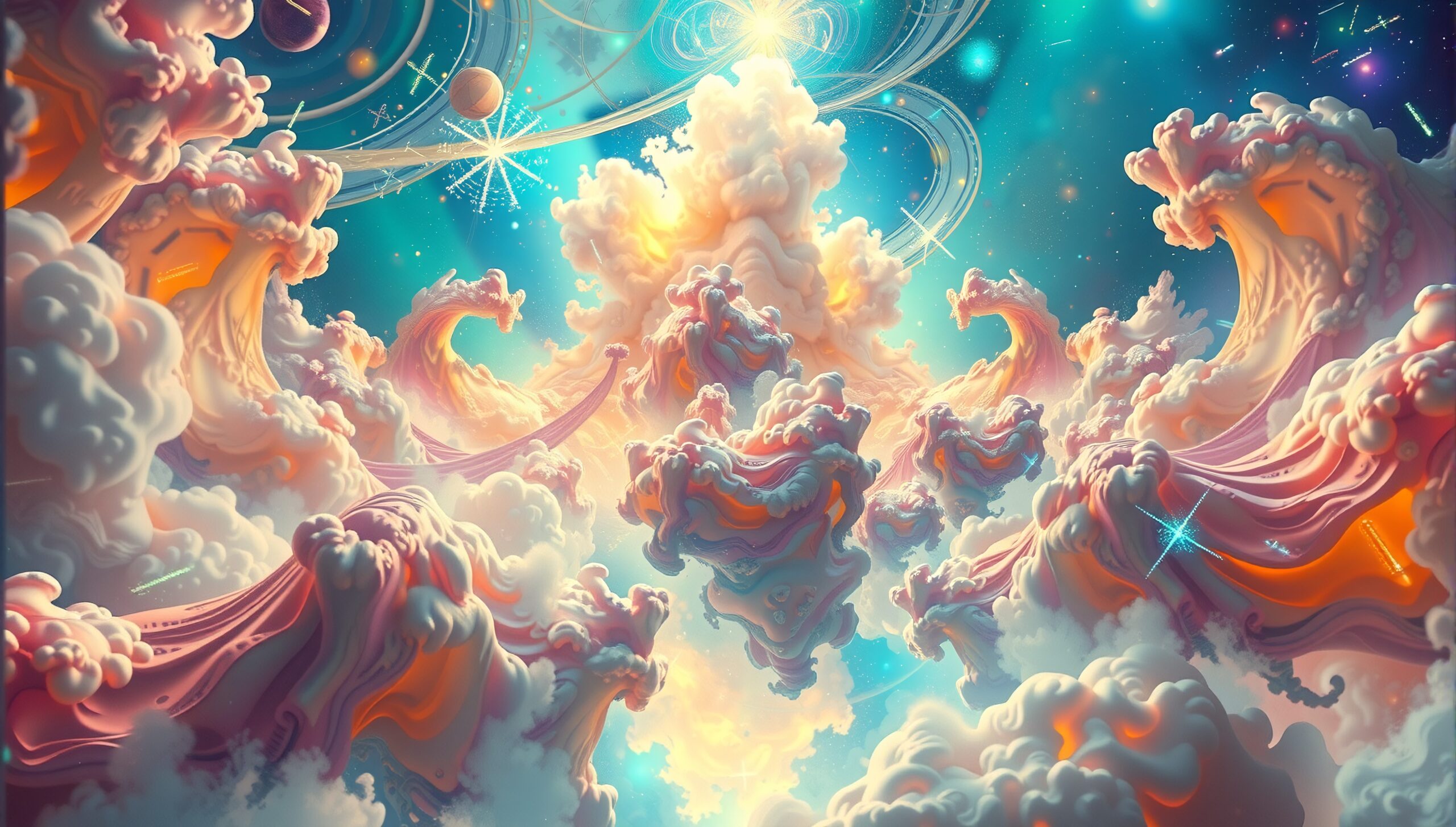 A whimsical cosmic scene with swirling, colorful clouds and celestial elements, blending fantasy and space seamlessly.