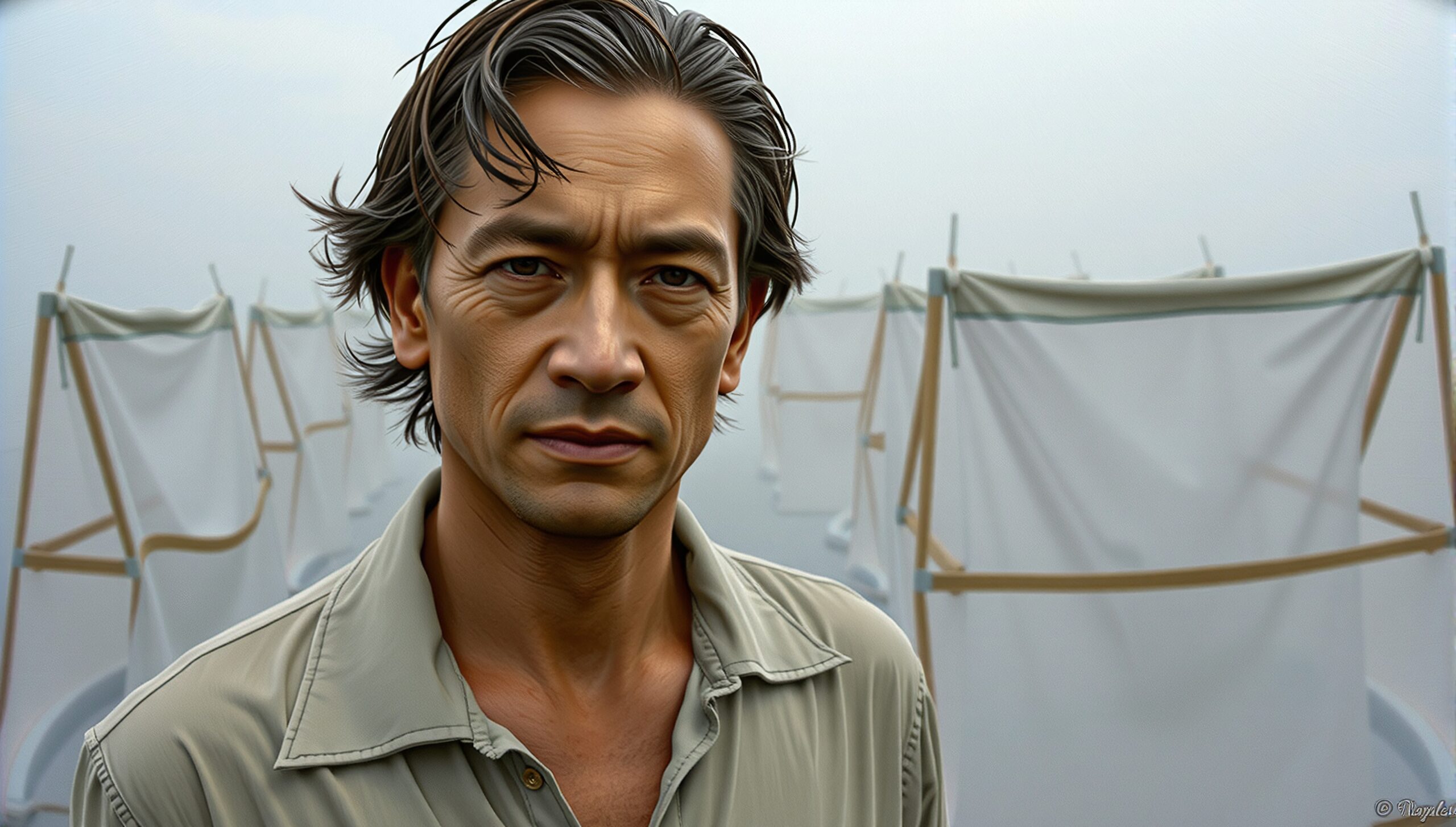 Portrait of a contemplative man against blurred, foggy background with fabric panels.