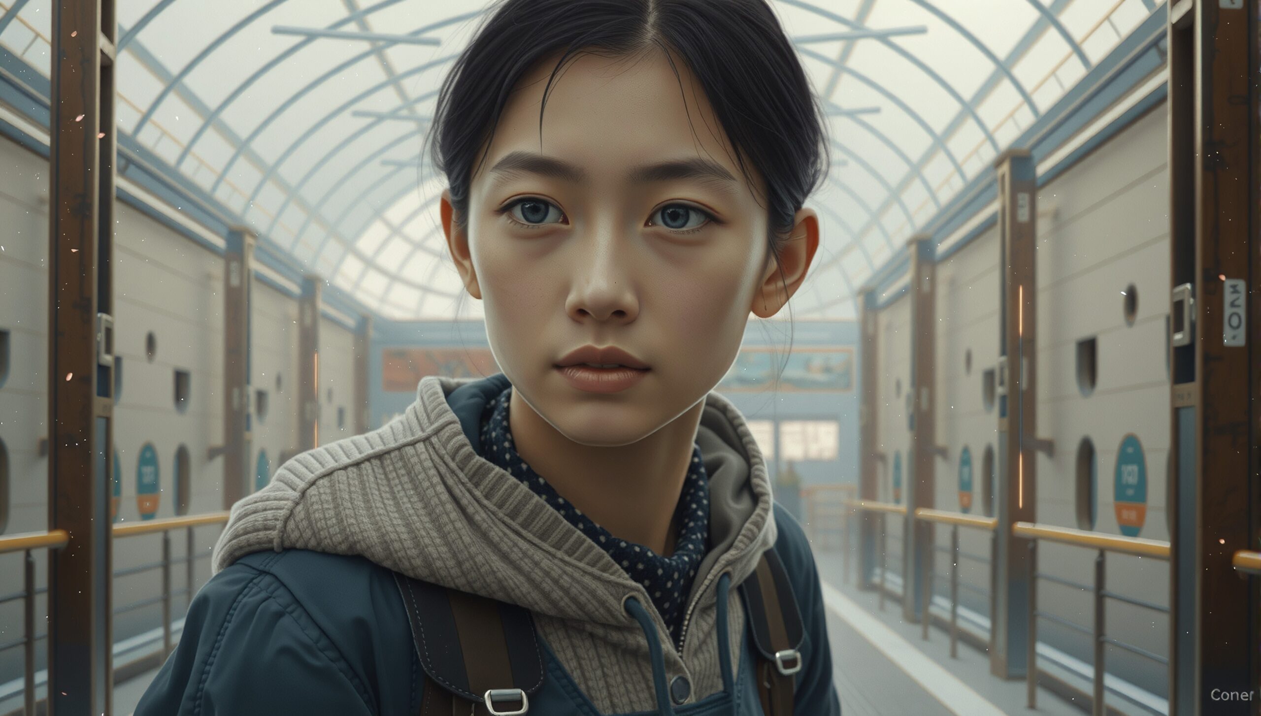 Portrait of a young girl in a futuristic indoor setting with expressive eyes.