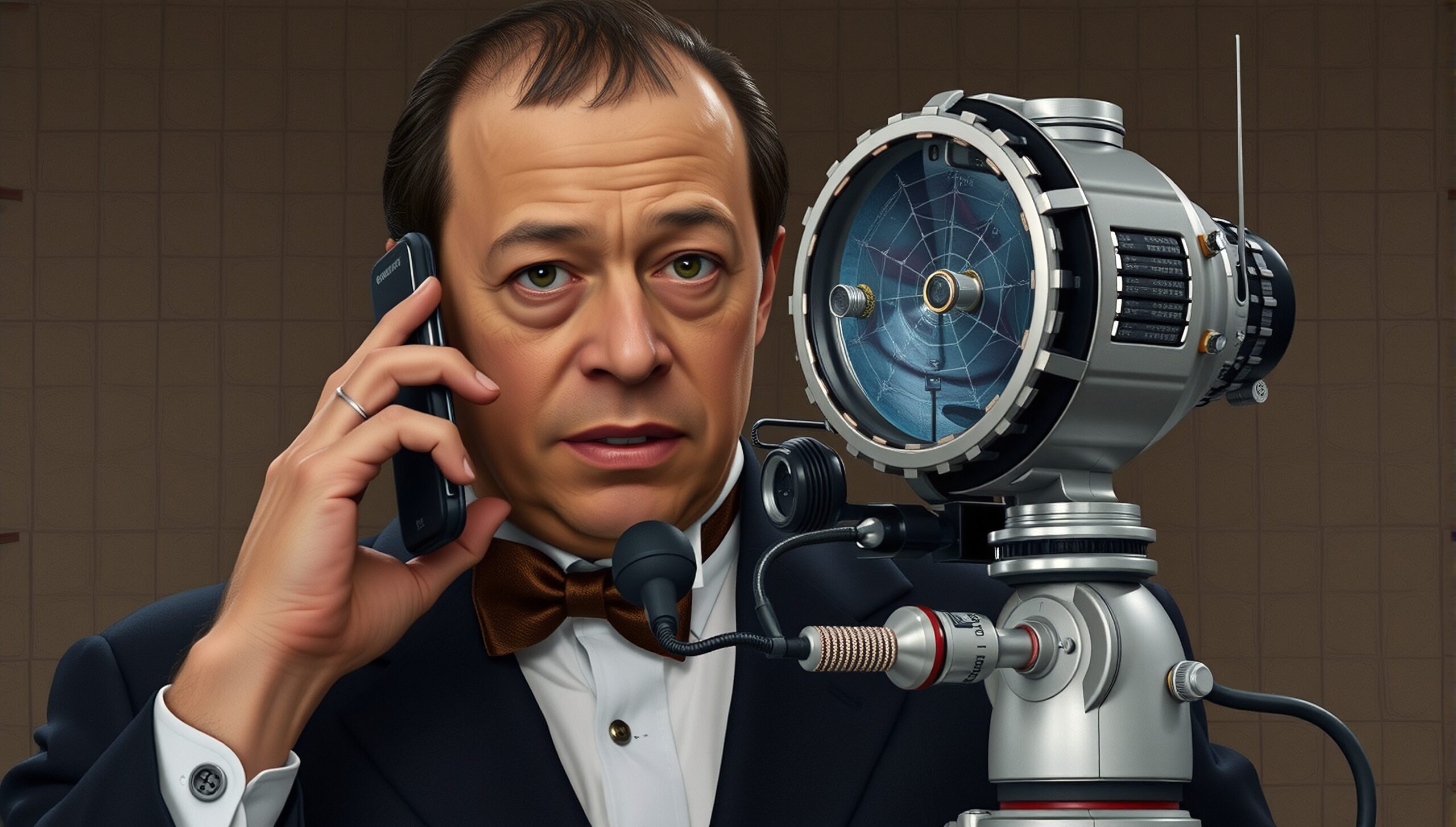 A man in a suit talks on a phone beside a futuristic device.