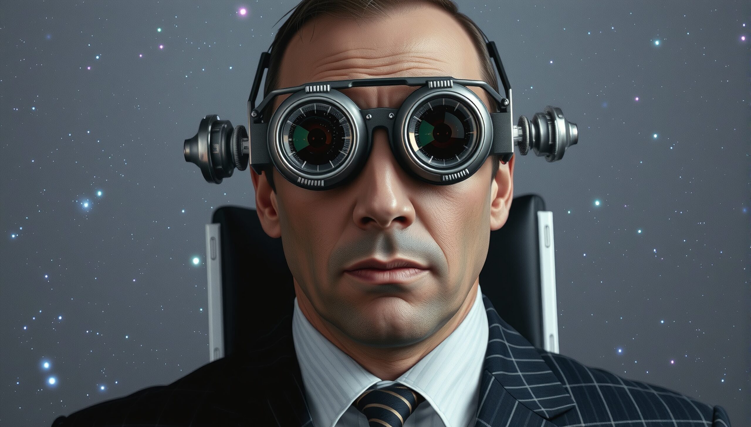 A man in steampunk goggles with a starry sky background.