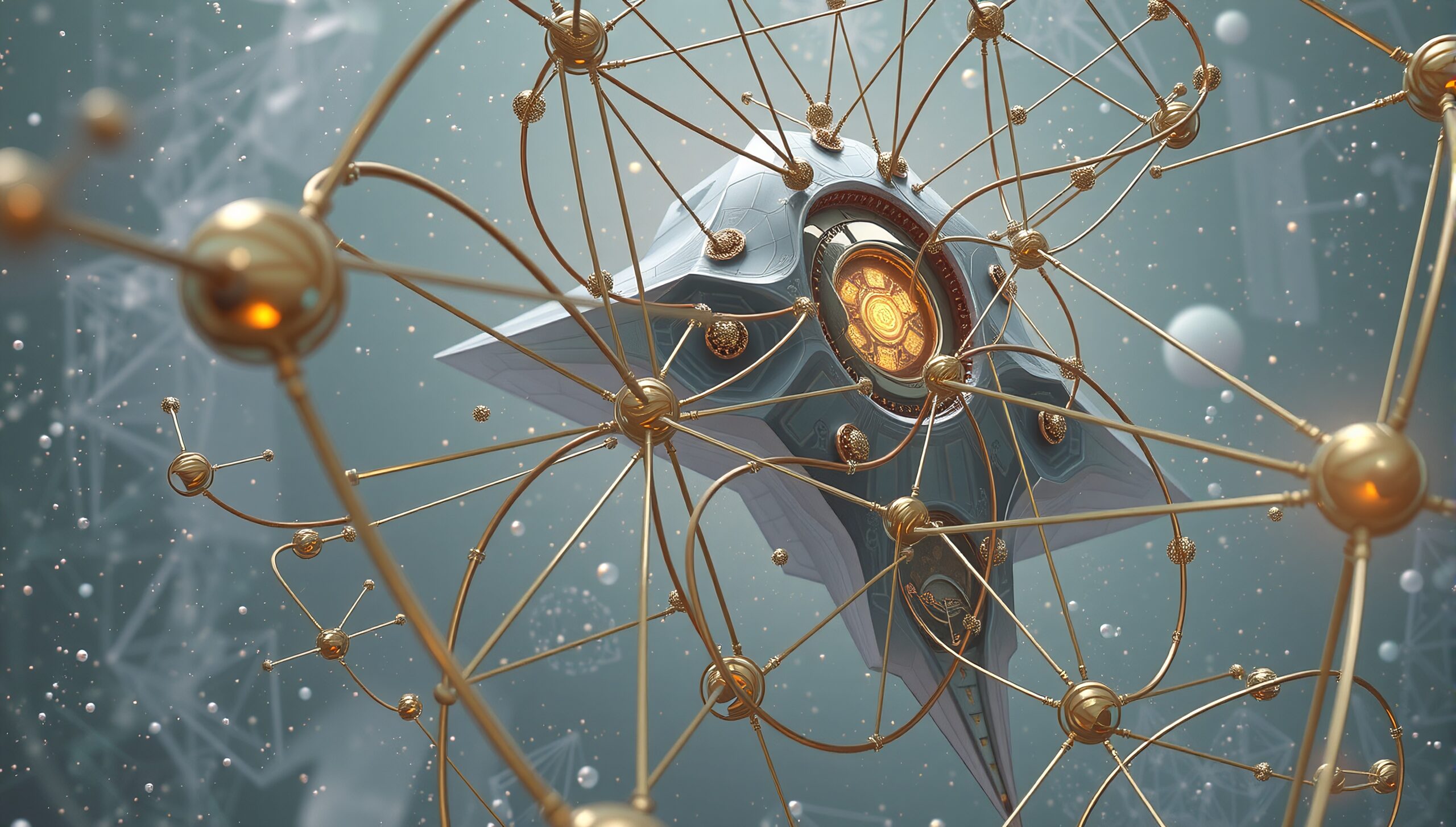 A futuristic star-shaped structure with gold latticework and glowing core.