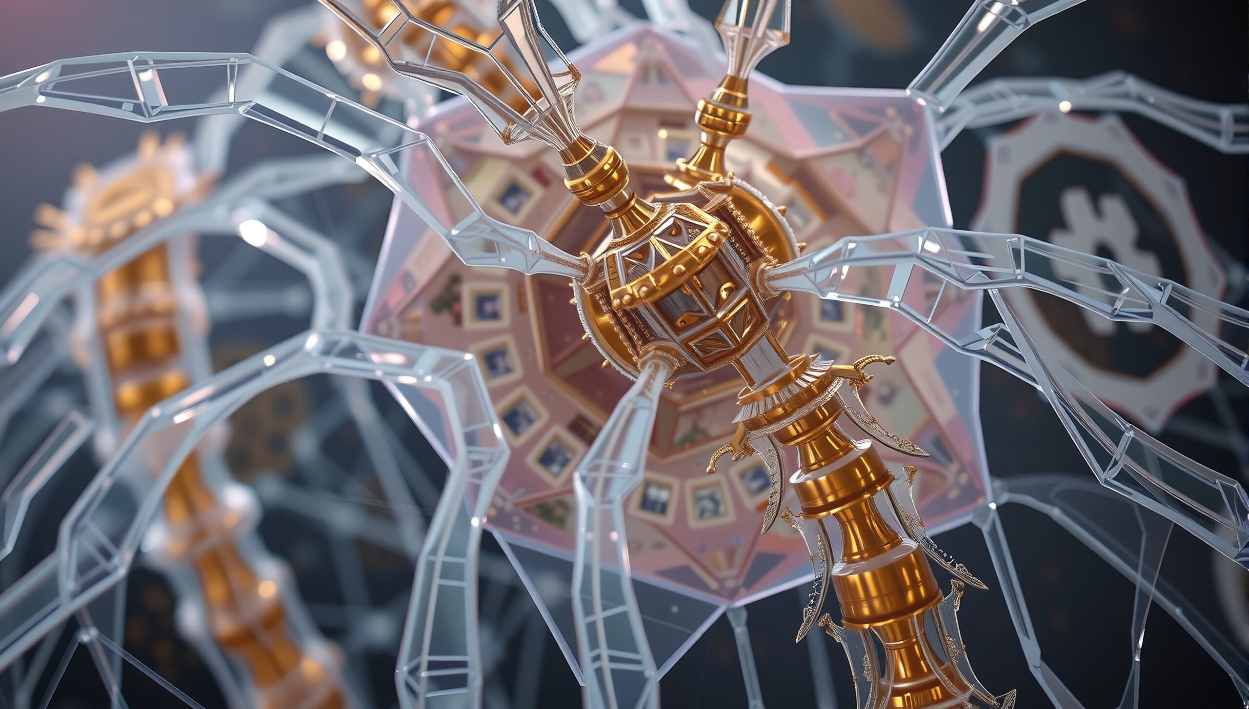 Intricate futuristic golden structure with transparent crystalline branches.