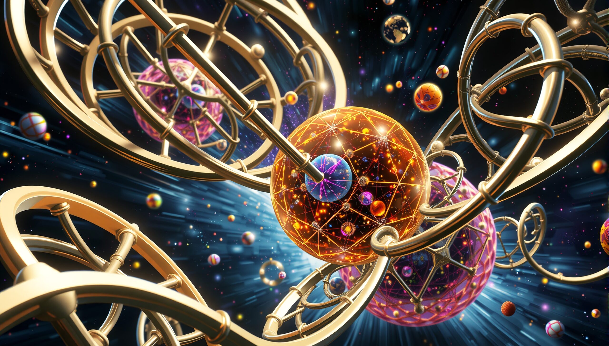 A cosmic scene with golden rings and colorful spheres.
