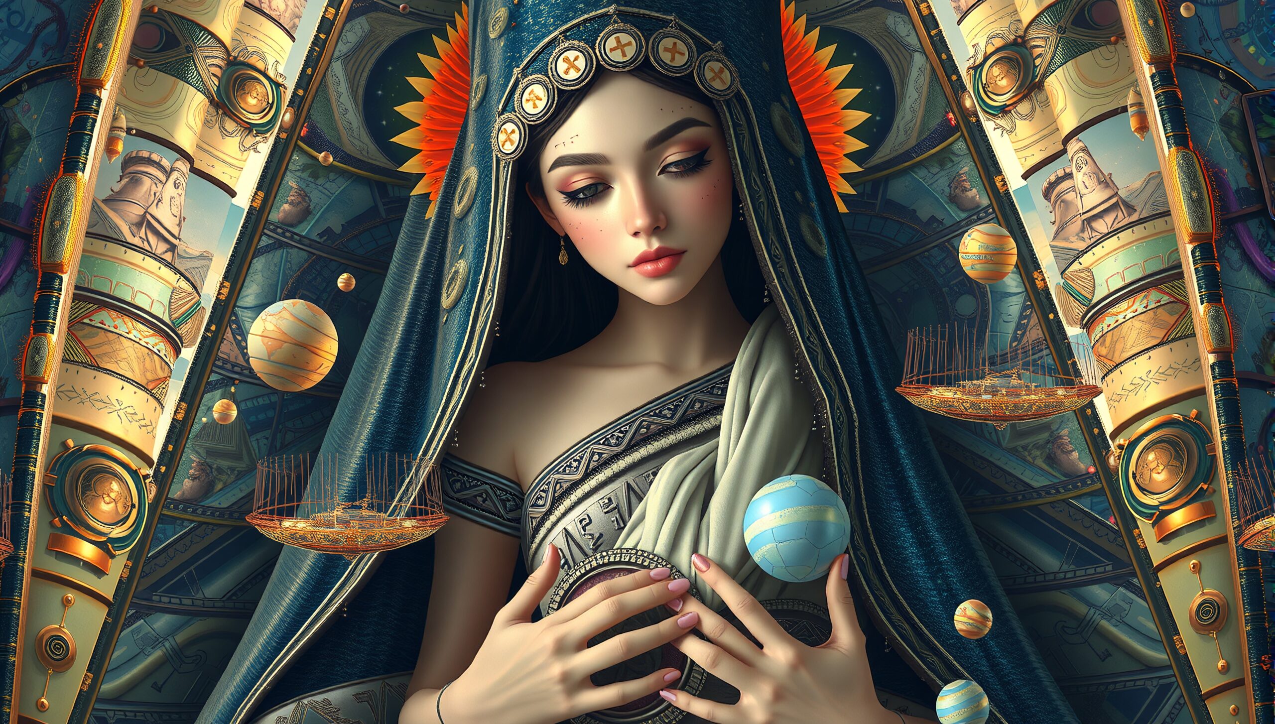 A mystical woman with celestial adornments and cosmic elements creates a captivating and dreamlike scene.