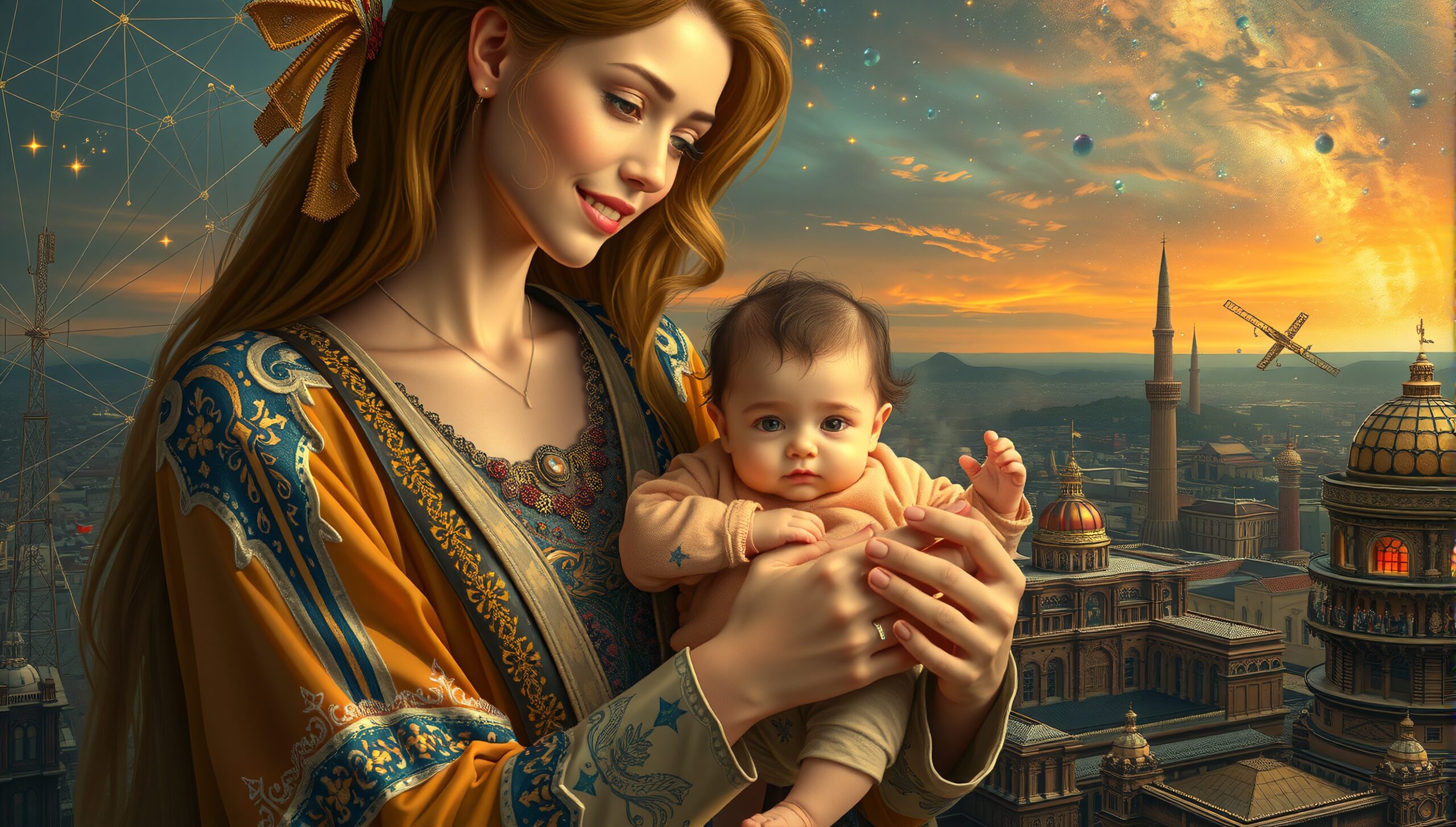 A mother in a golden robe holds her baby against a fantastical sunset cityscape.