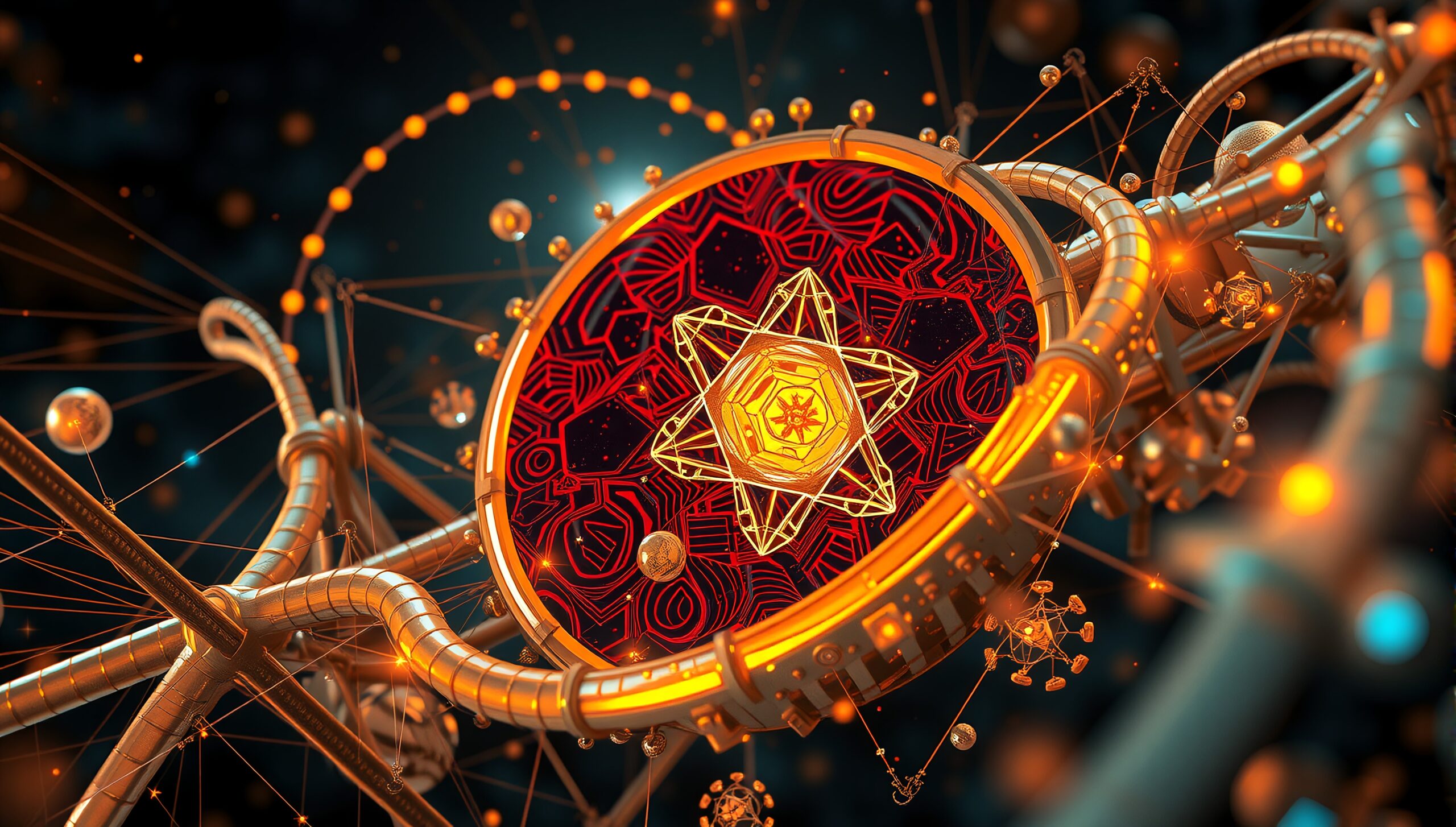 A complex futuristic network design with glowing geometric patterns and interconnected metallic elements.