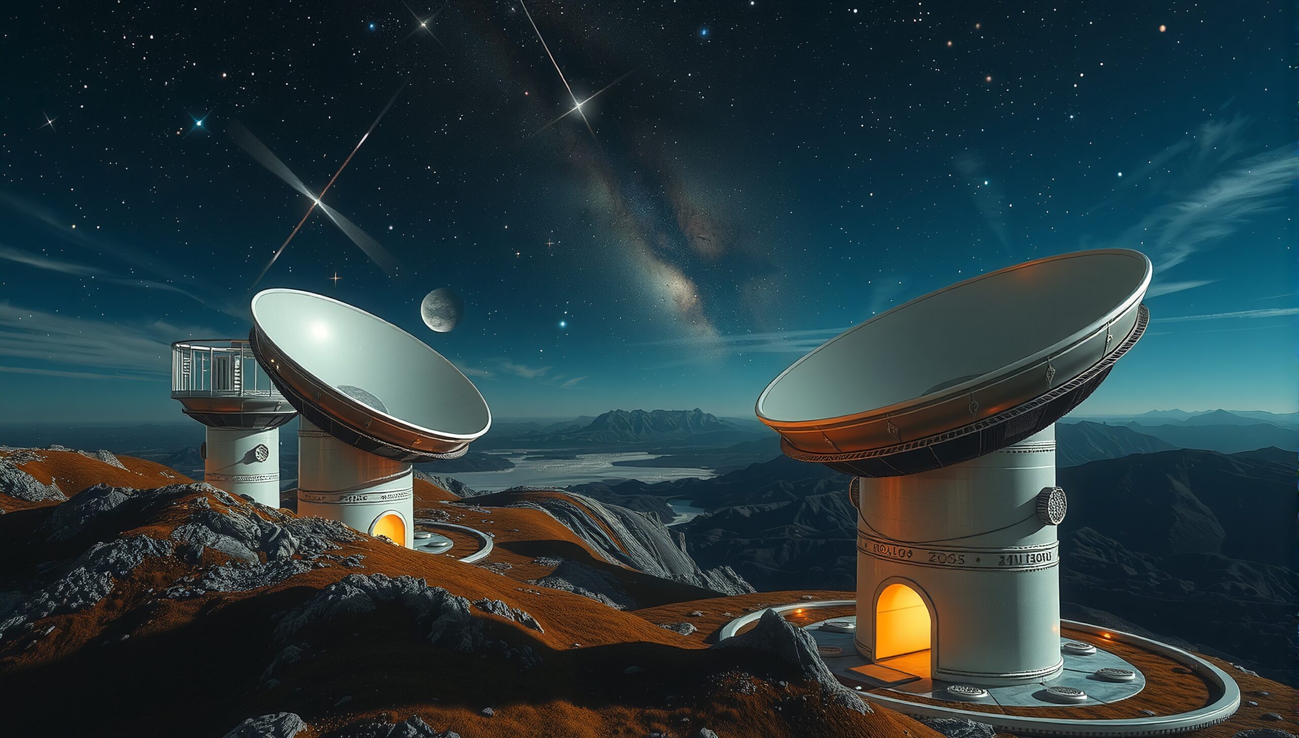 Two large satellite dishes in a rocky landscape under a starry night sky.