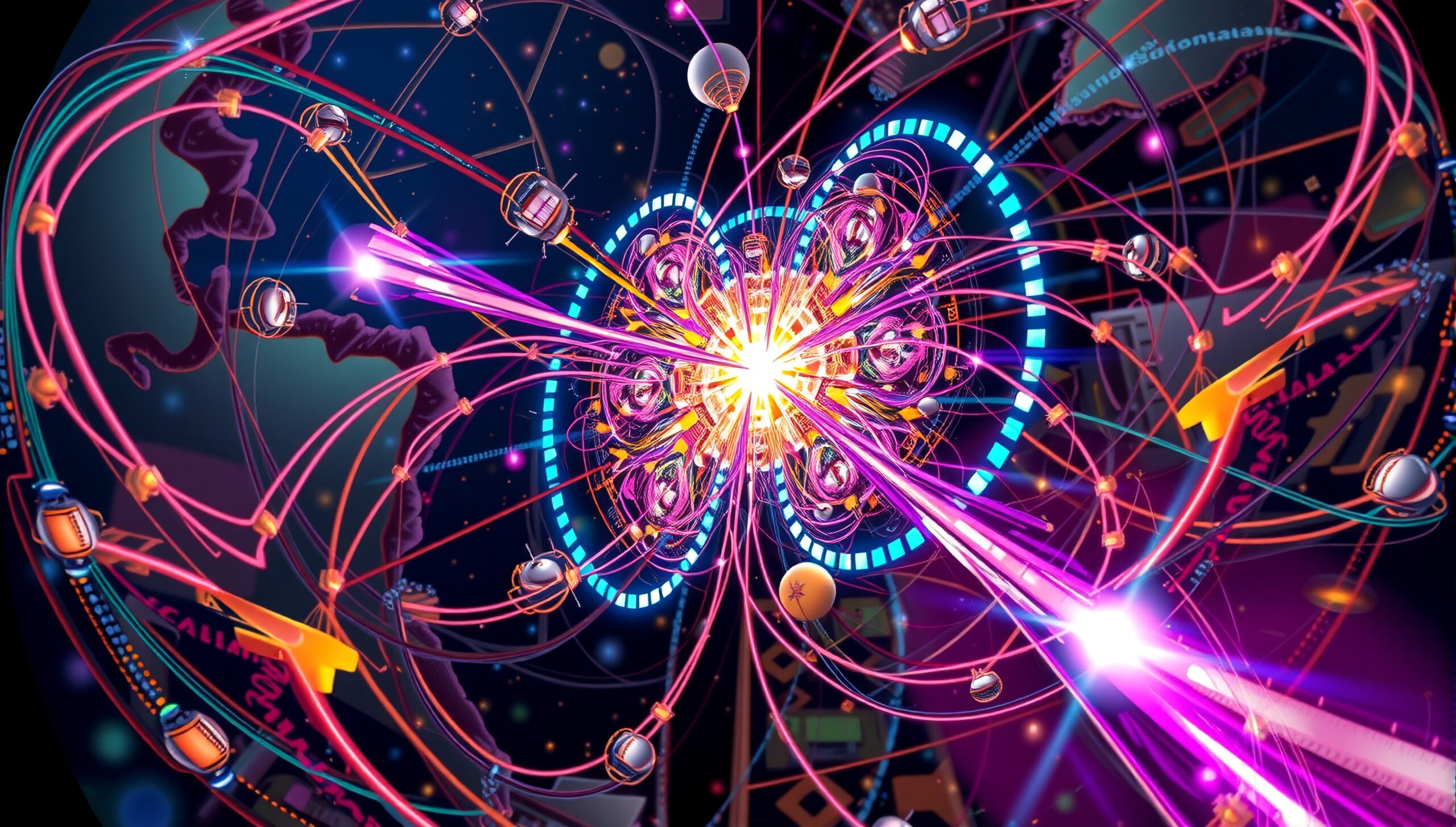 Abstract depiction of high-energy particle collision in space with swirling vibrant lines, small satellites, and a central burst of light, symbolizing technological advancement.