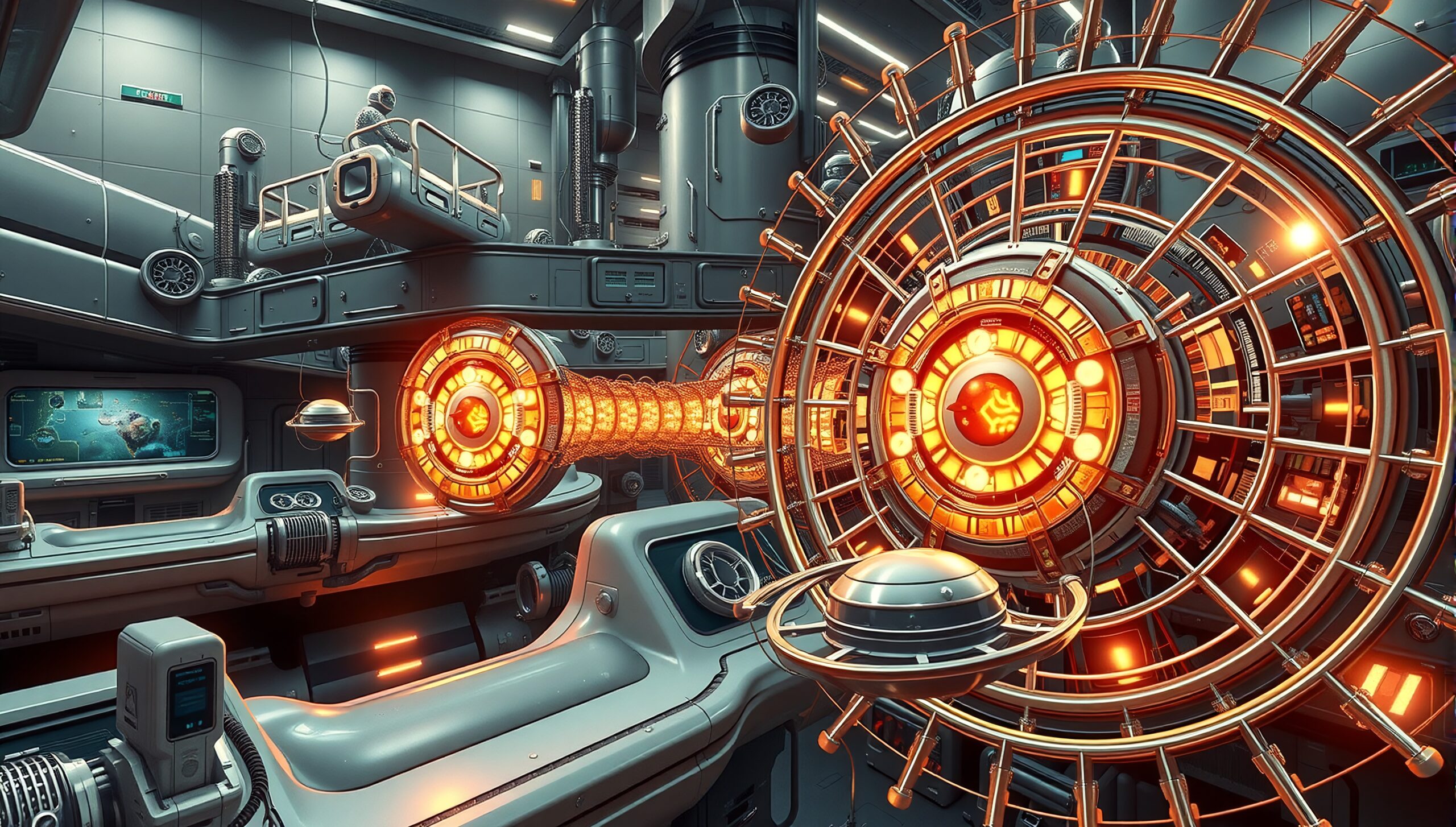 A futuristic laboratory with advanced glowing machinery and digital technology.