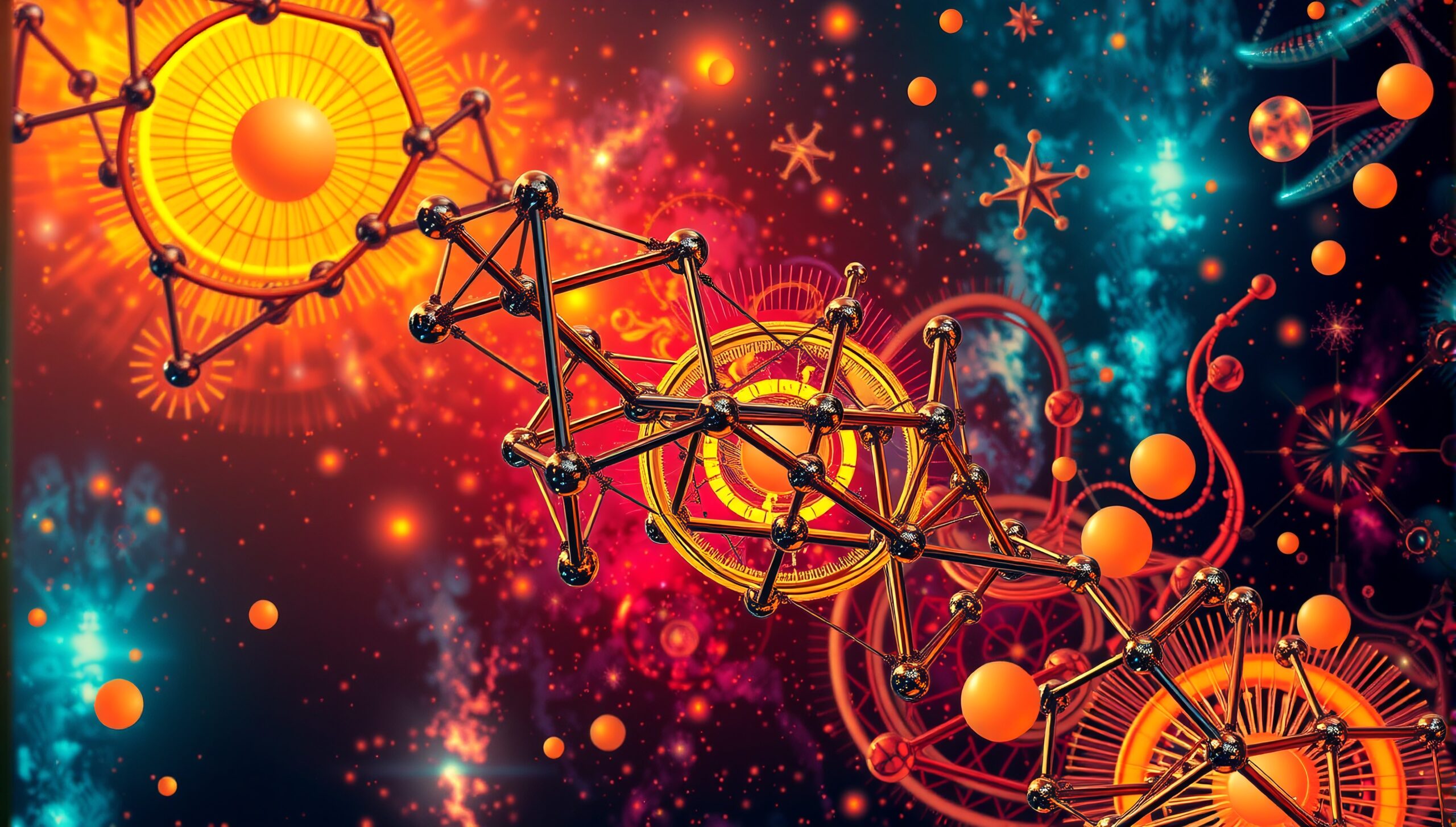 A vibrant abstract digital artwork depicting geometric molecular structures against a cosmic background.