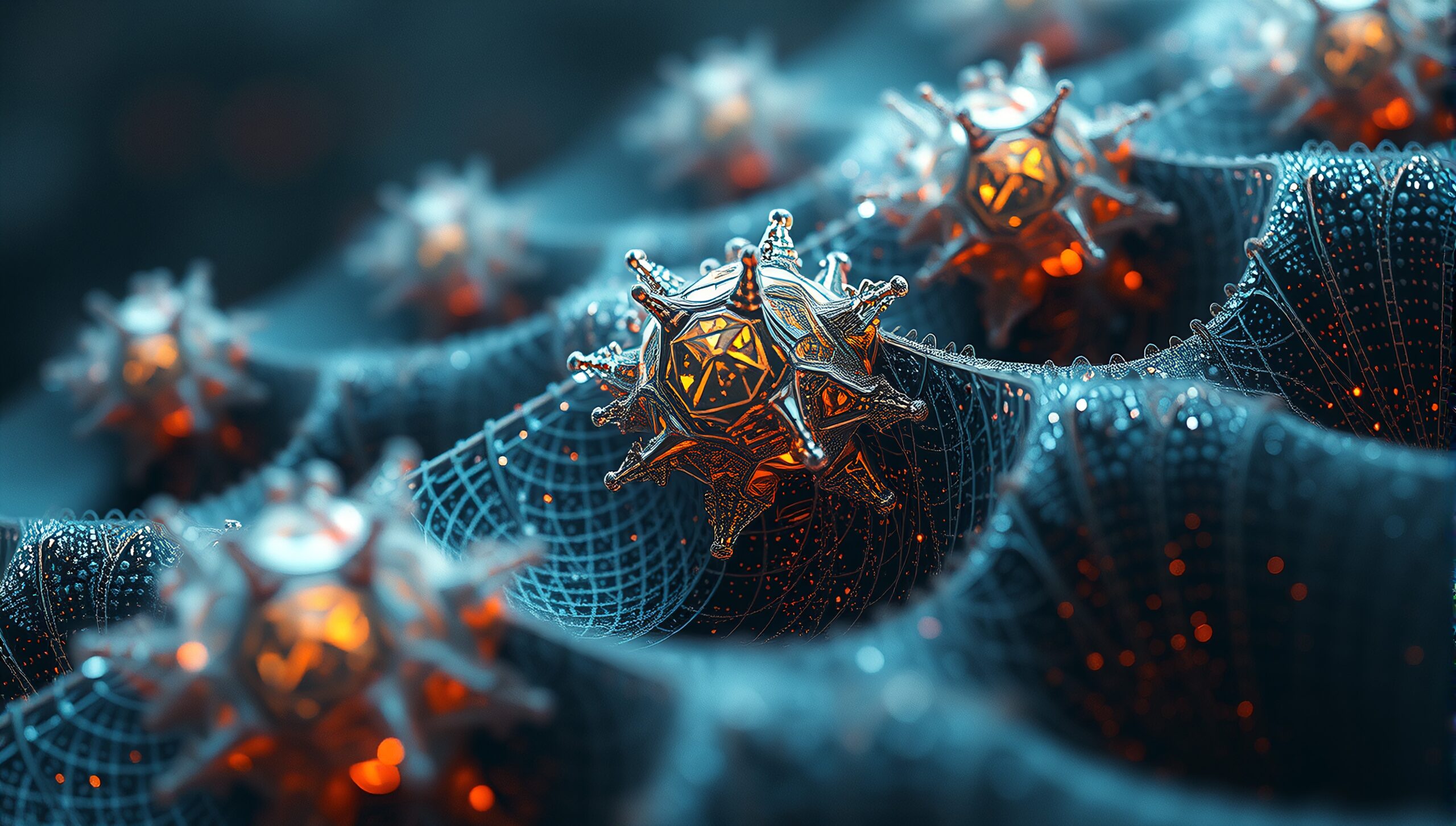 Abstract sci-fi scene with glowing geometric shapes on mesh.