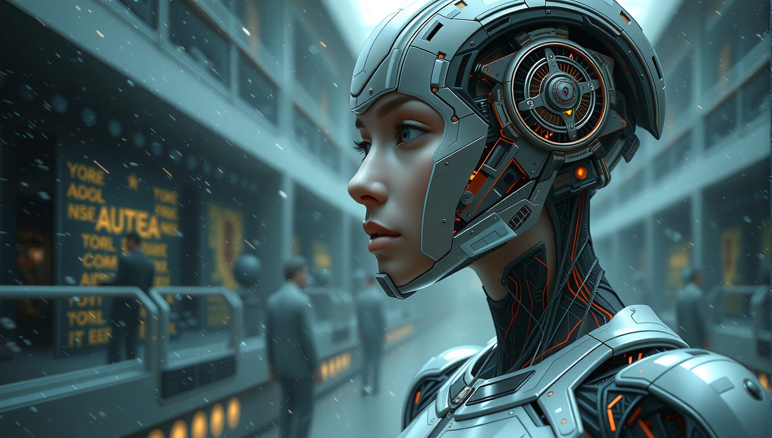 Futuristic humanoid cyborg in urban environment.