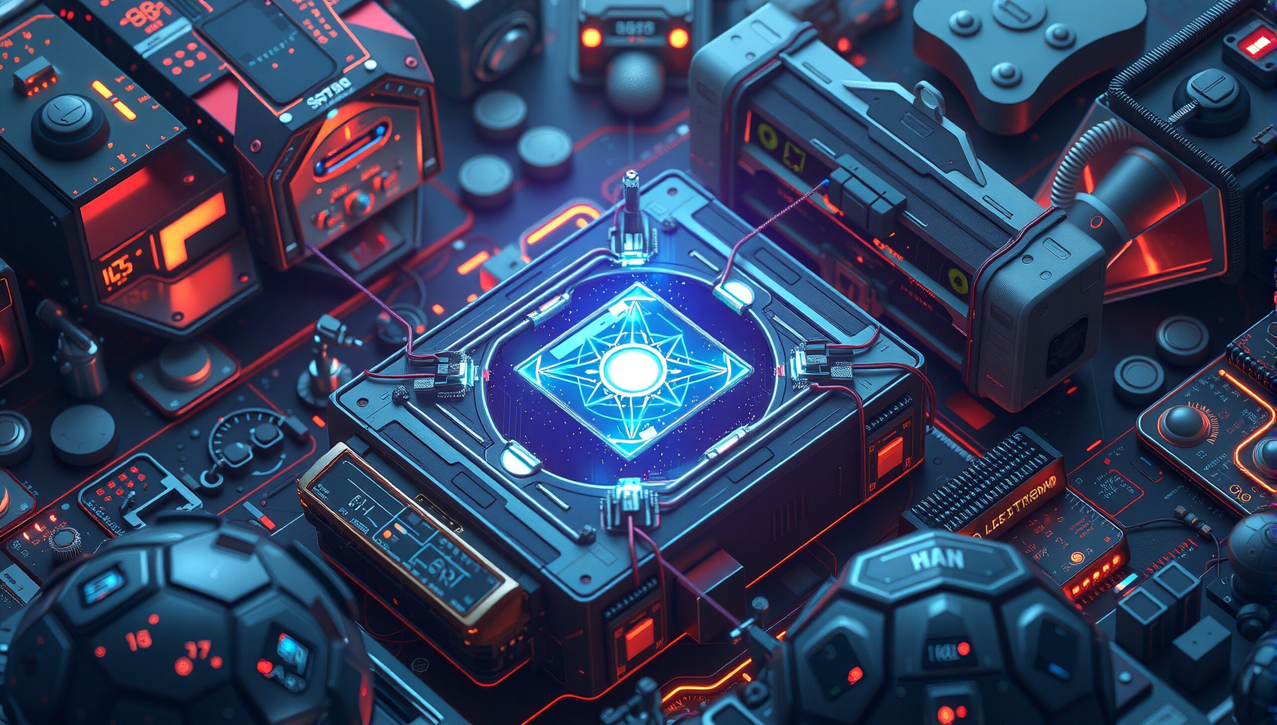 Futuristic control interface with glowing centerpiece, surrounded by advanced electronic devices and circuits.
