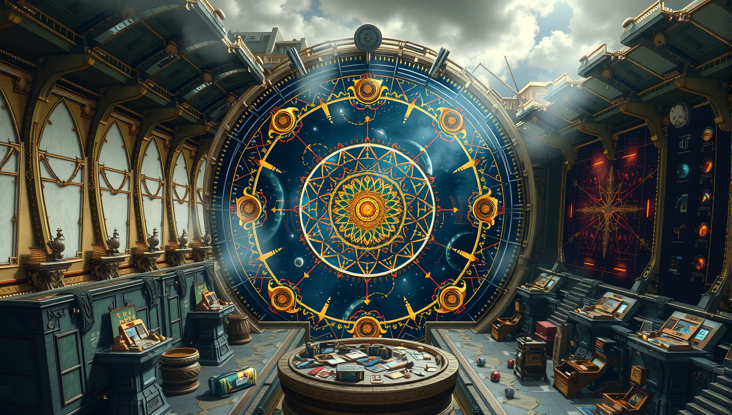 A grand observatory featuring a massive celestial wheel with intricate designs and glowing symbols, evoking astrological exploration.