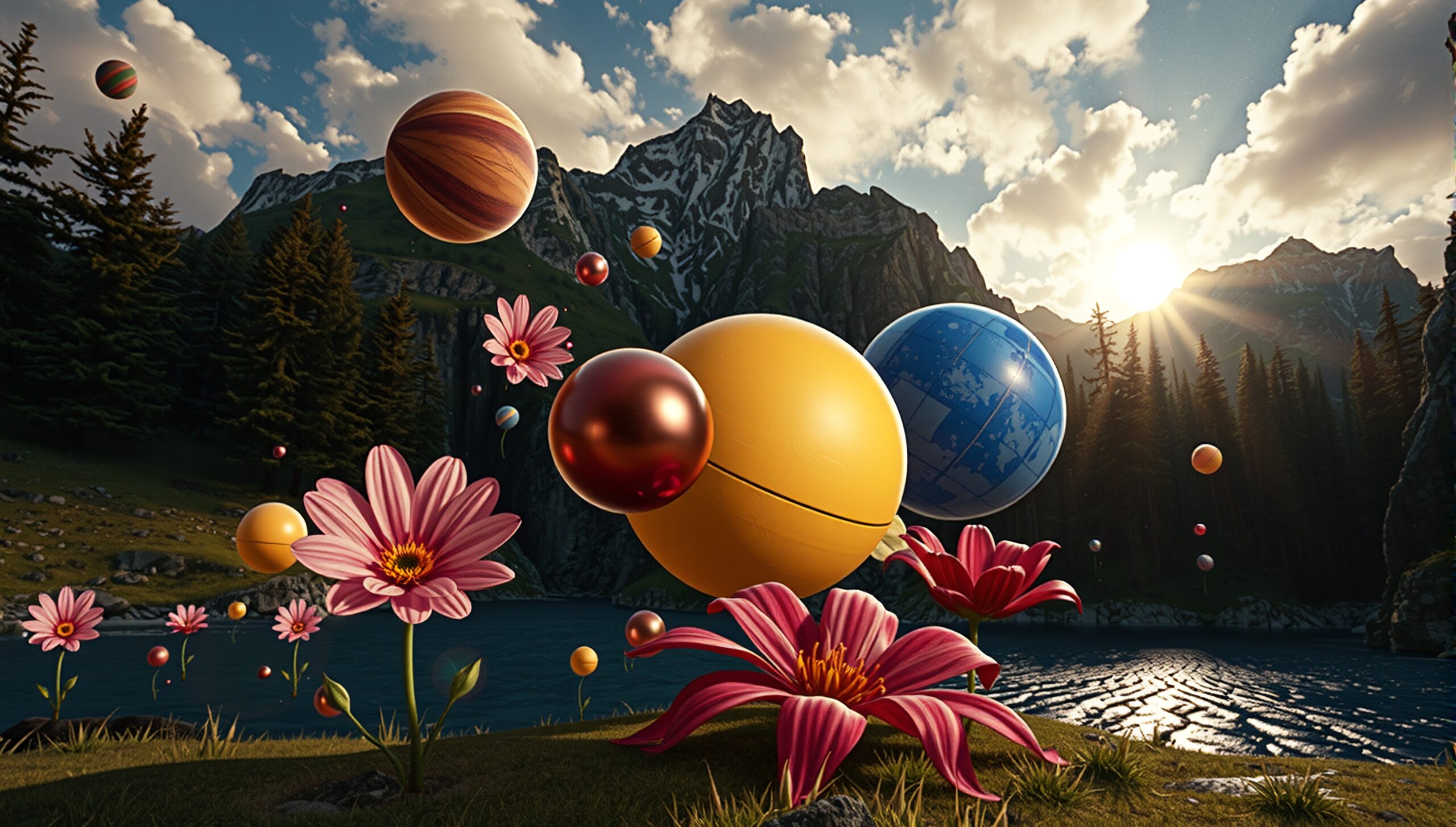 A surreal landscape with floating spheres and vibrant flowers against a mountain backdrop.