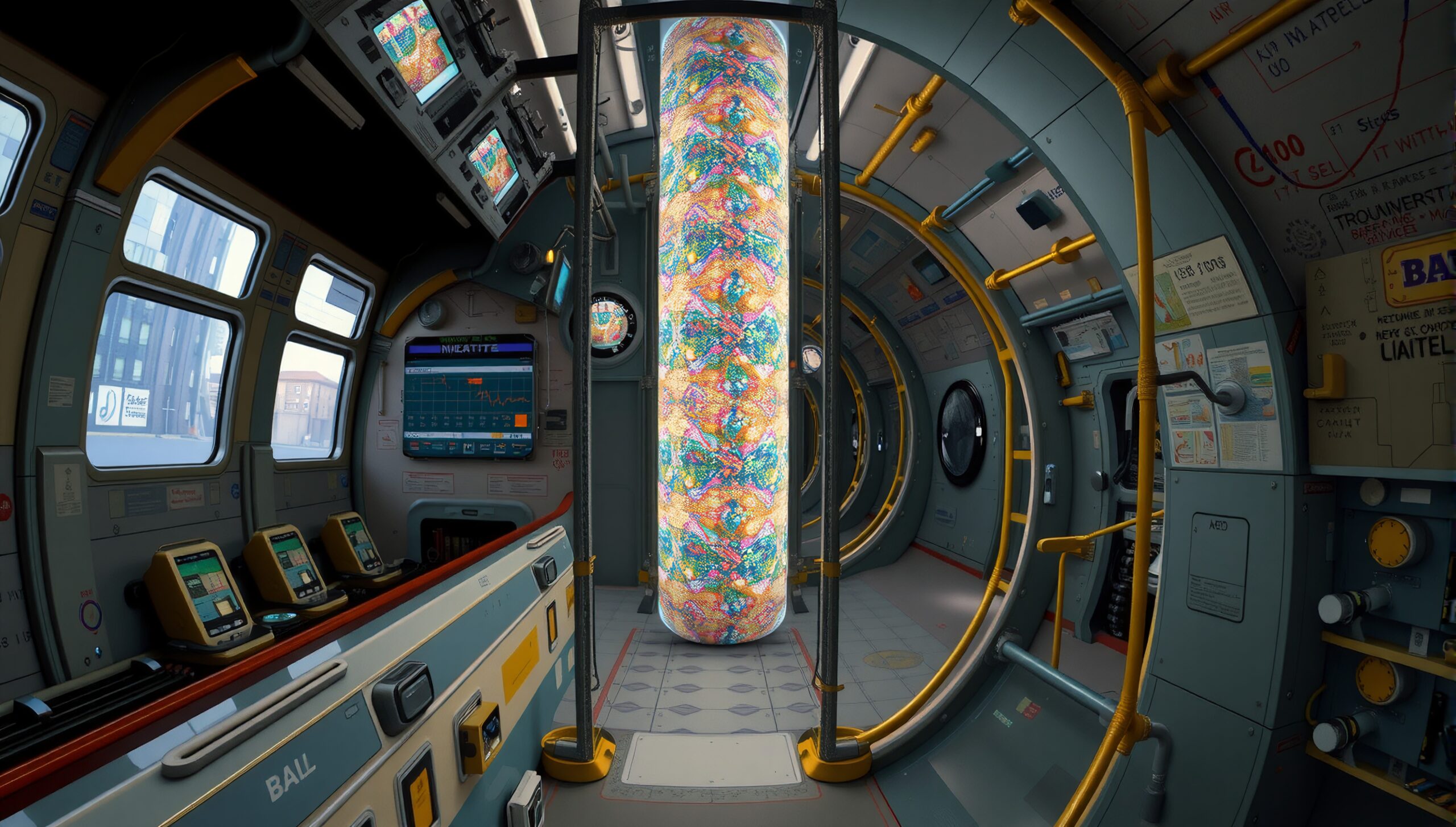 Futuristic control room with vibrant cylindrical core, high-tech screens, and detailed equipment.
