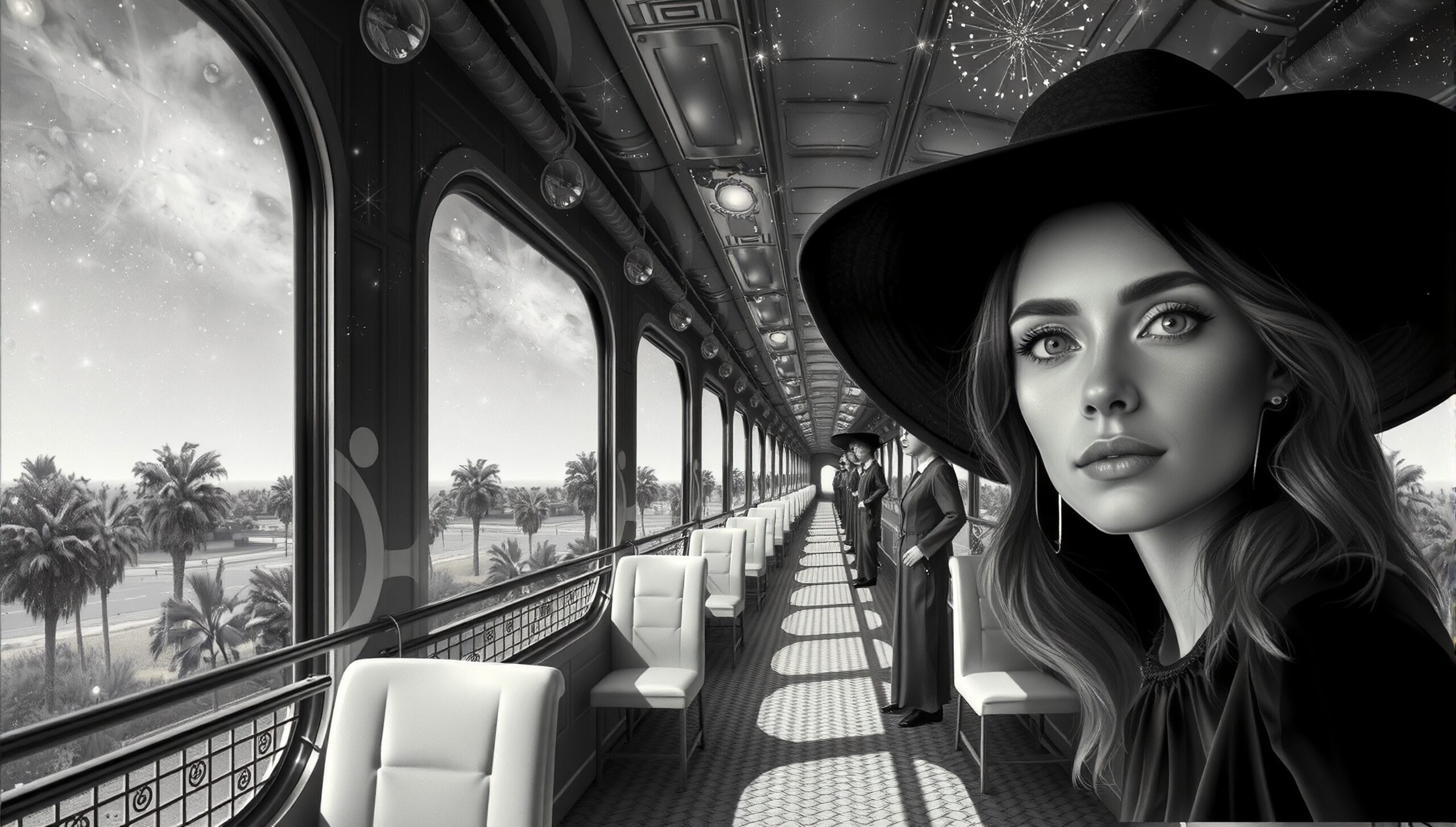 A stylish woman on an elegant train, exuding luxury and glamour with stunning black and white imagery.