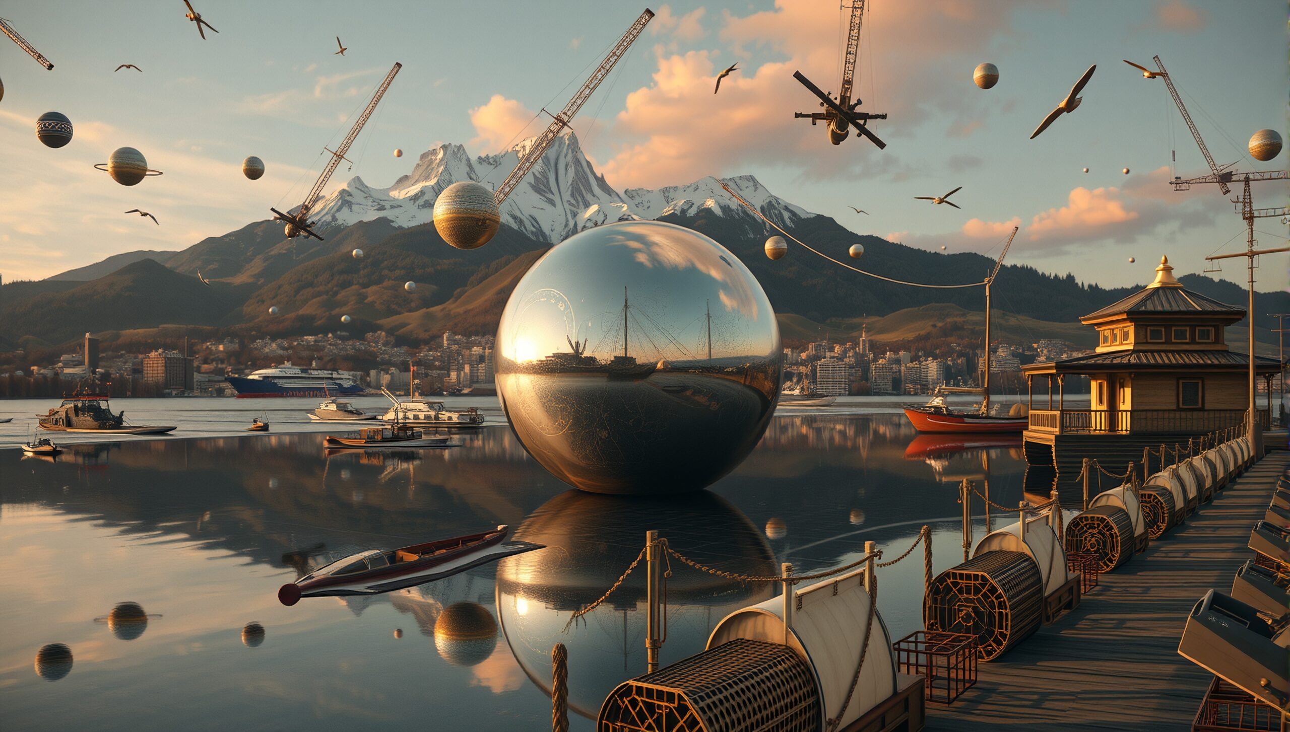 An imaginative harbor scene with floating spheres, reflecting water, and majestic mountains.