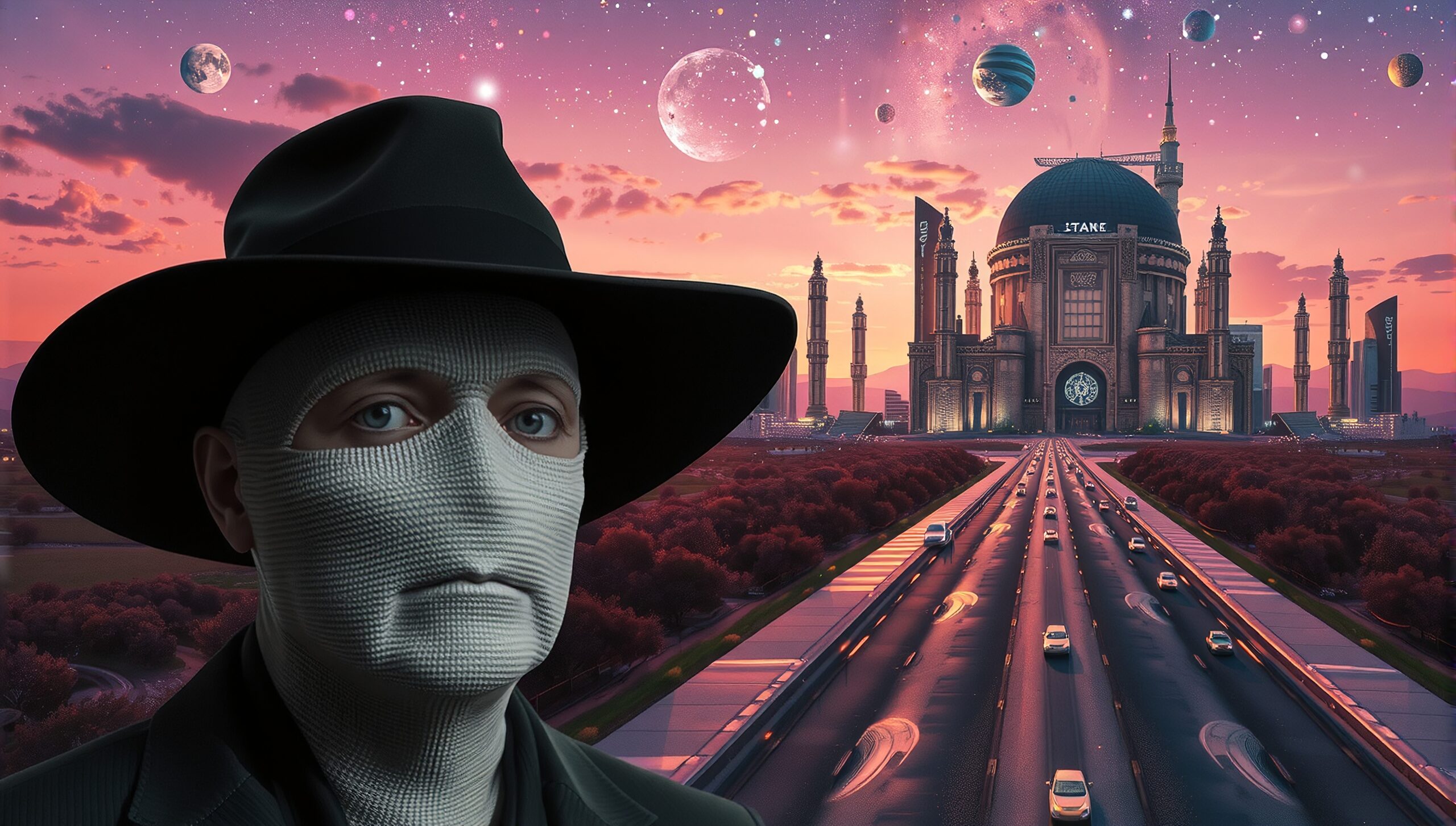 A surreal futuristic scene with a cosmic sky, mysterious figure, and vast highway leading to a grand structure.