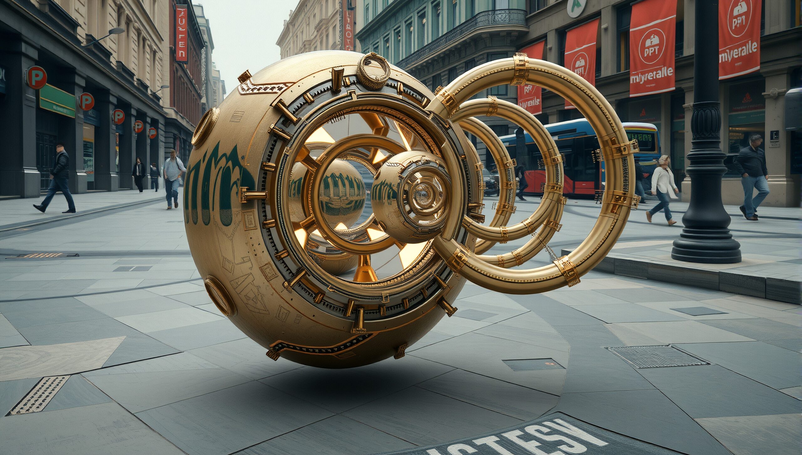 Futuristic golden orb suspended in urban street with pedestrians.