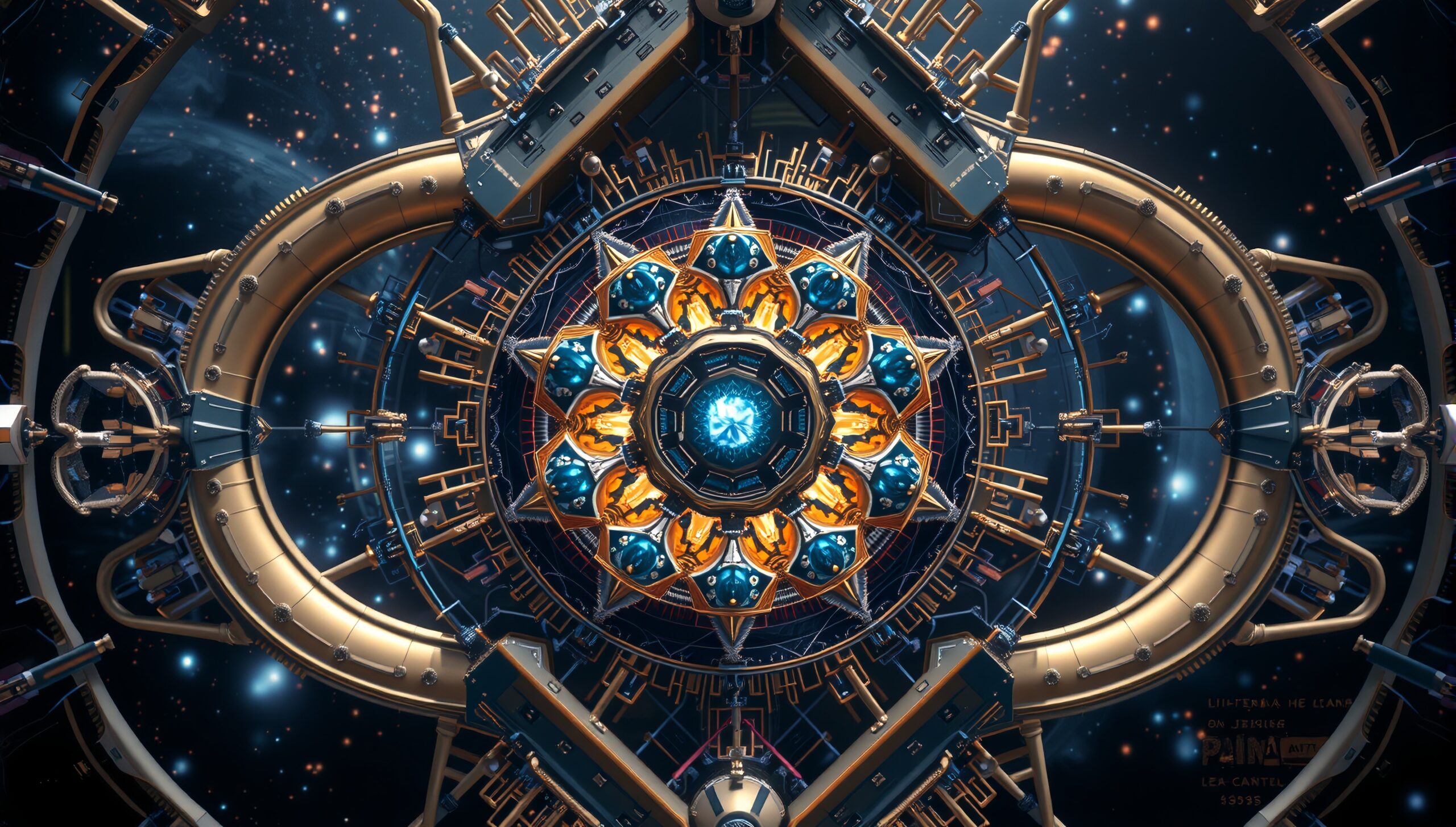 Intricate cosmic structure with metallic patterns in space.