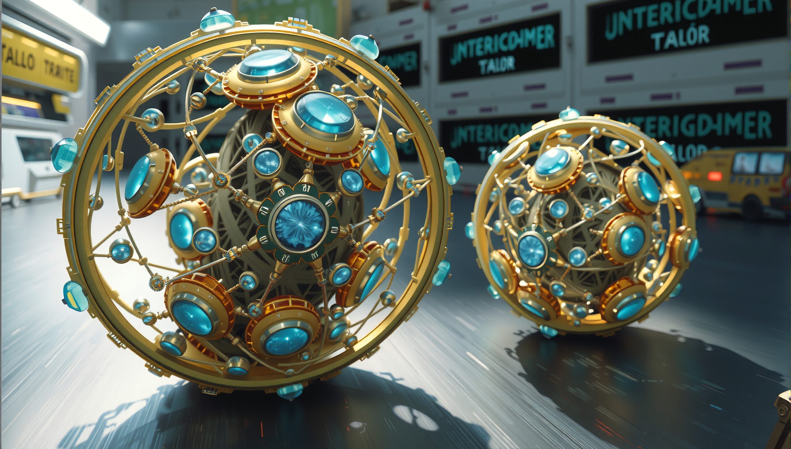 Intricate golden and turquoise spheres in a futuristic setting, highlighting a sci-fi environment.