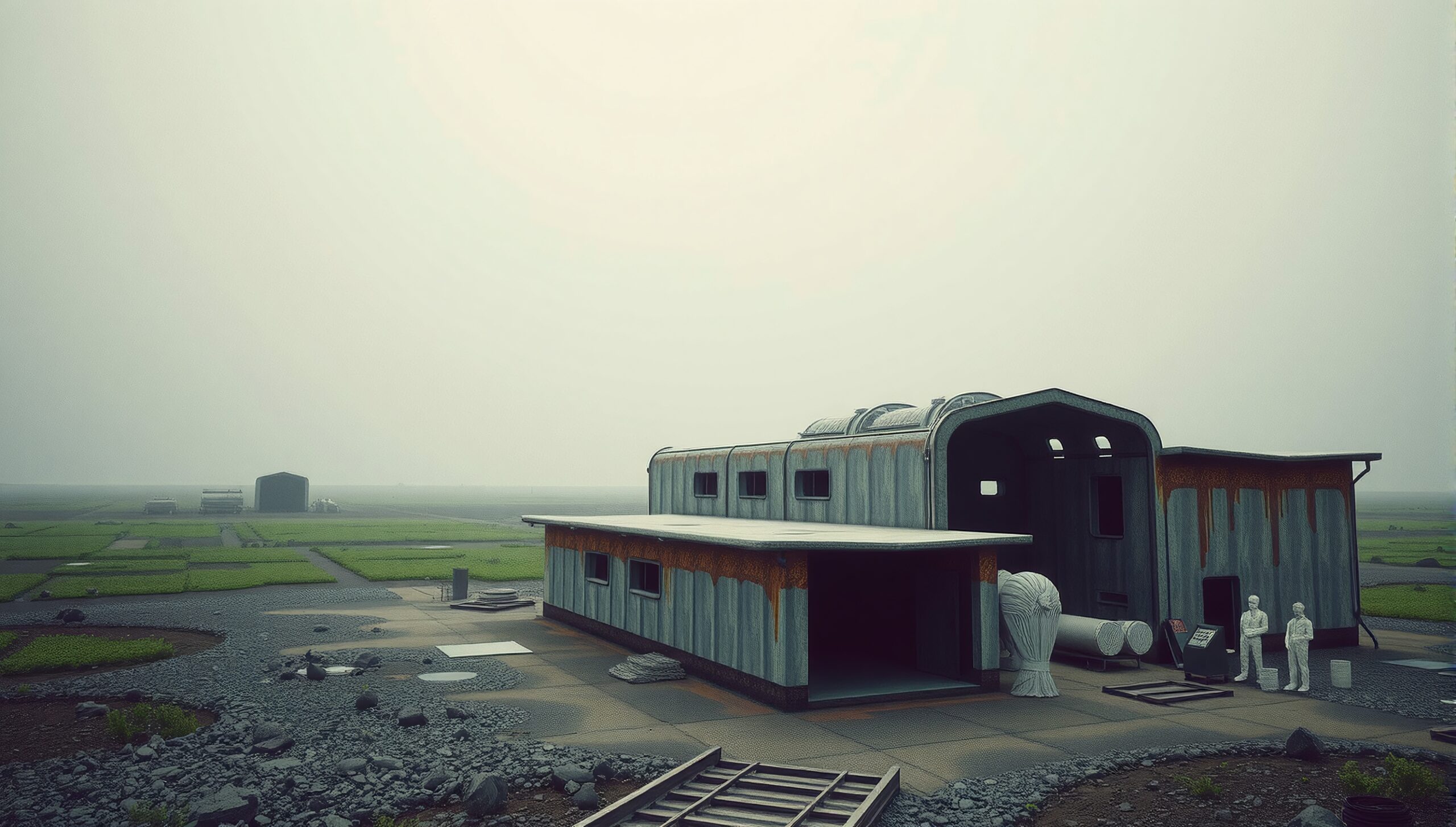 A rusted metal building in a misty, industrial landscape with sculpture-like figures in the foreground and foggy distant structures.