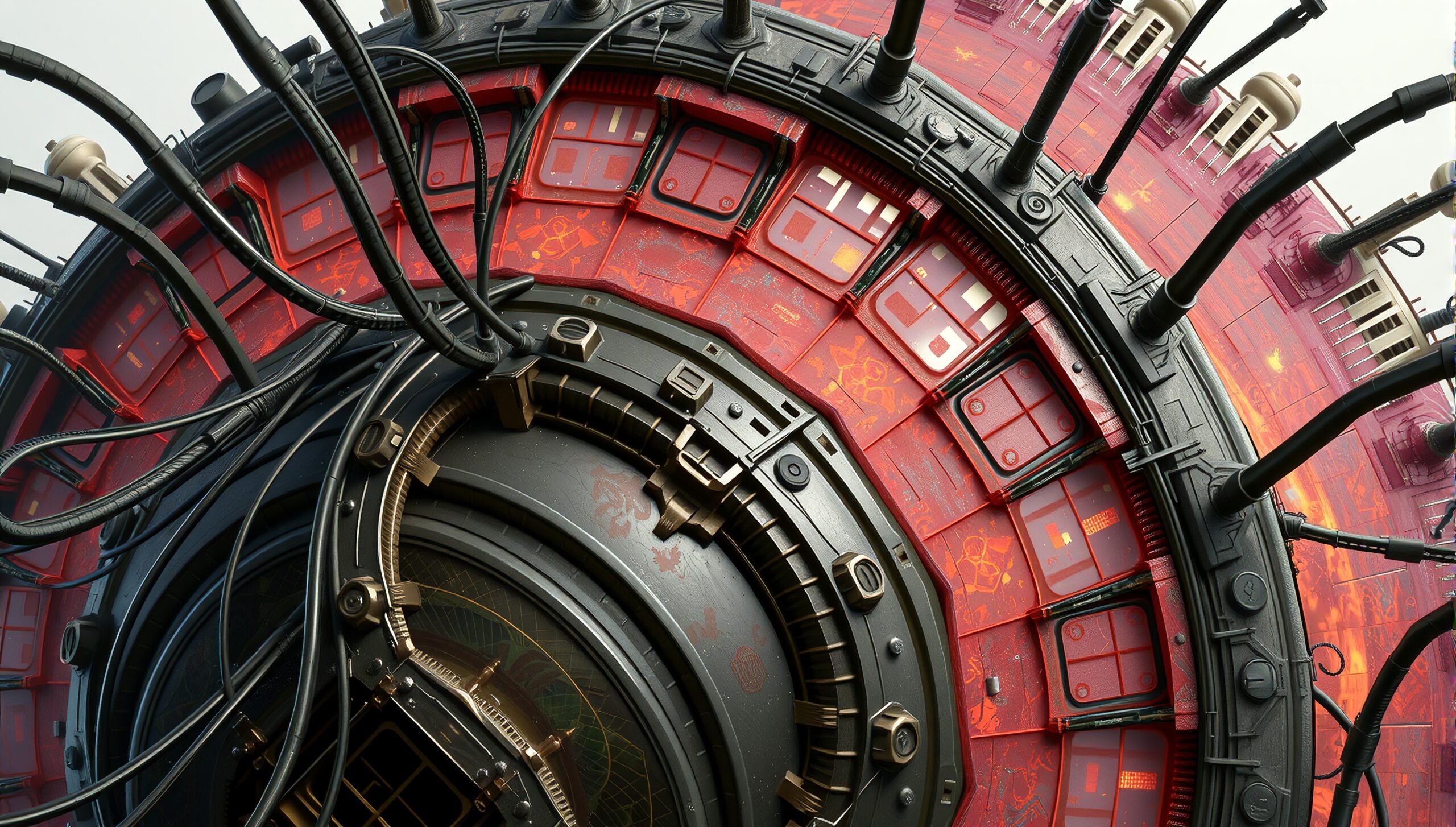 High-tech circular mechanical device with intricate red panels and black wires, conveying an advanced technological aesthetic.