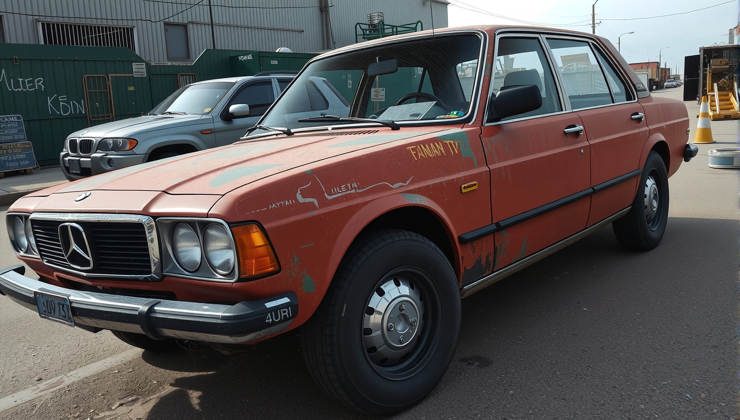 Vintage Mercedes-Benz car parked on an industrial street, showcasing faded red paint, rust marks, and urban surroundings with graffiti and modern vehicles.