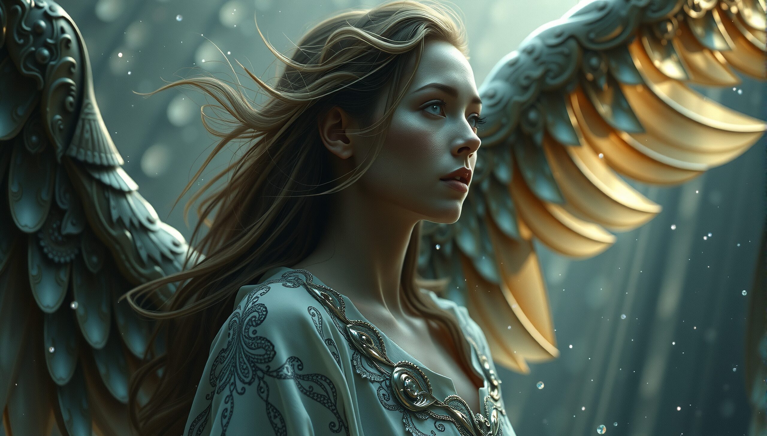 An angelic woman with ornate wings, immersed in glowing light.