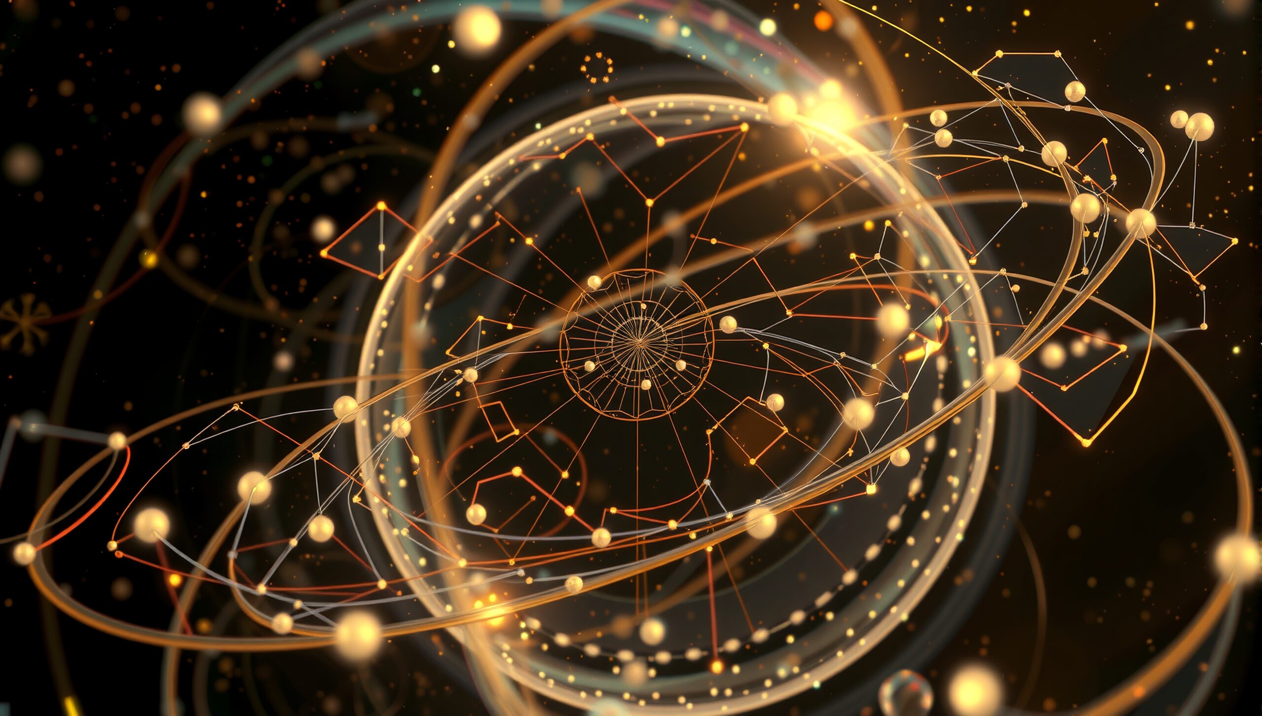 Abstract digital artwork depicting a complex network of golden lines and shapes glowing against a dark background.