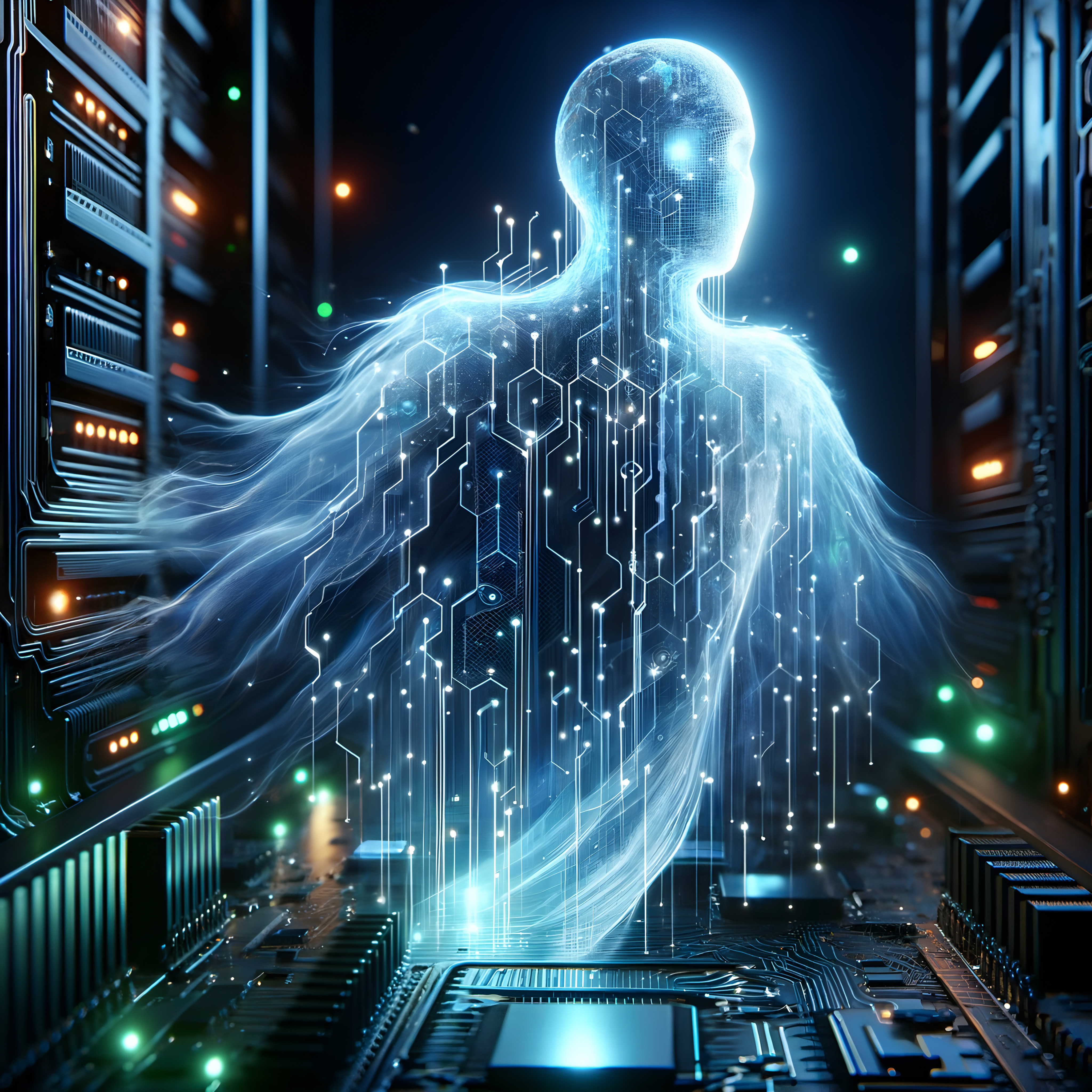 Ethereal digital figure in futuristic server room, illustrating artificial intelligence concept.