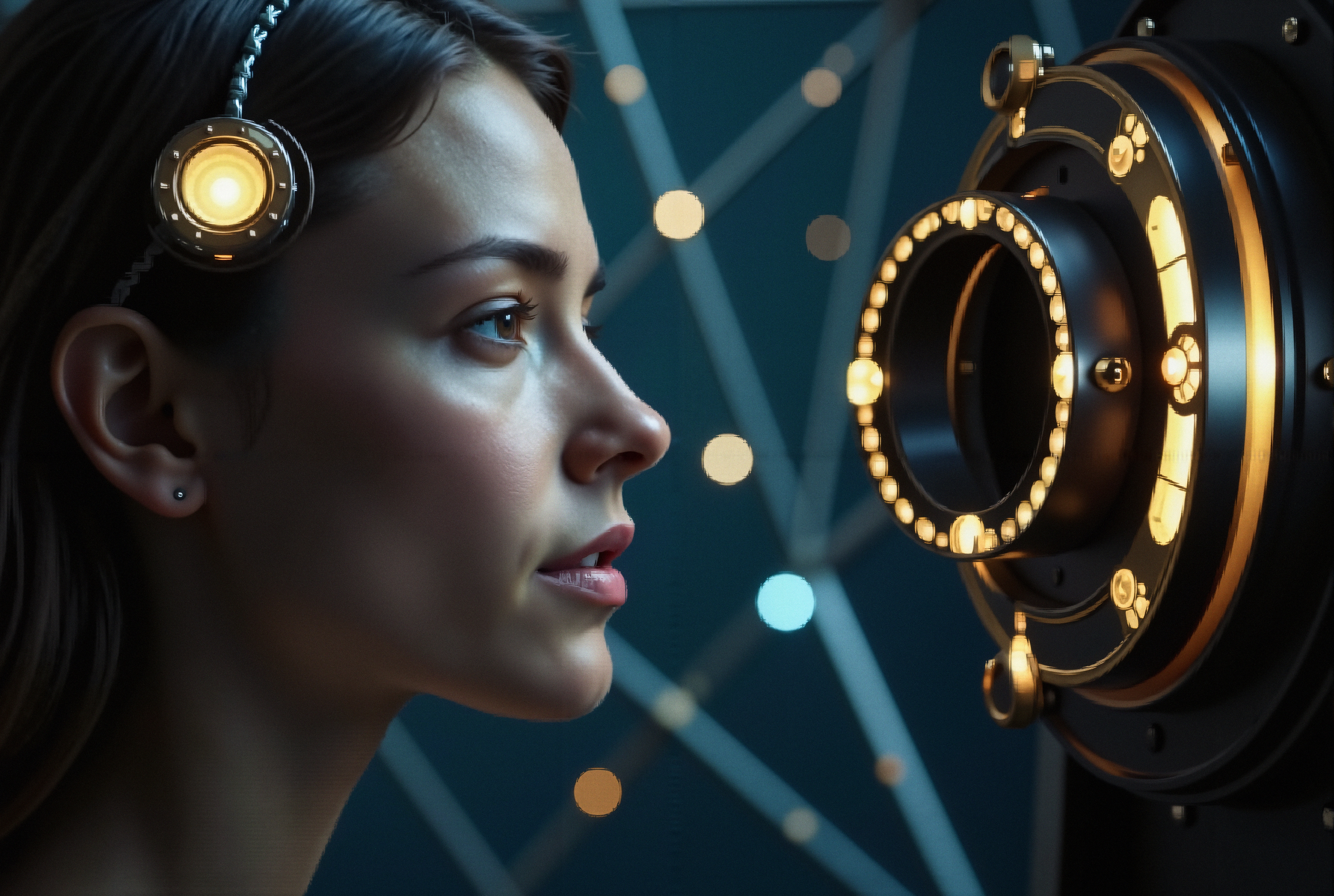 Woman Interacts with Futuristic Device