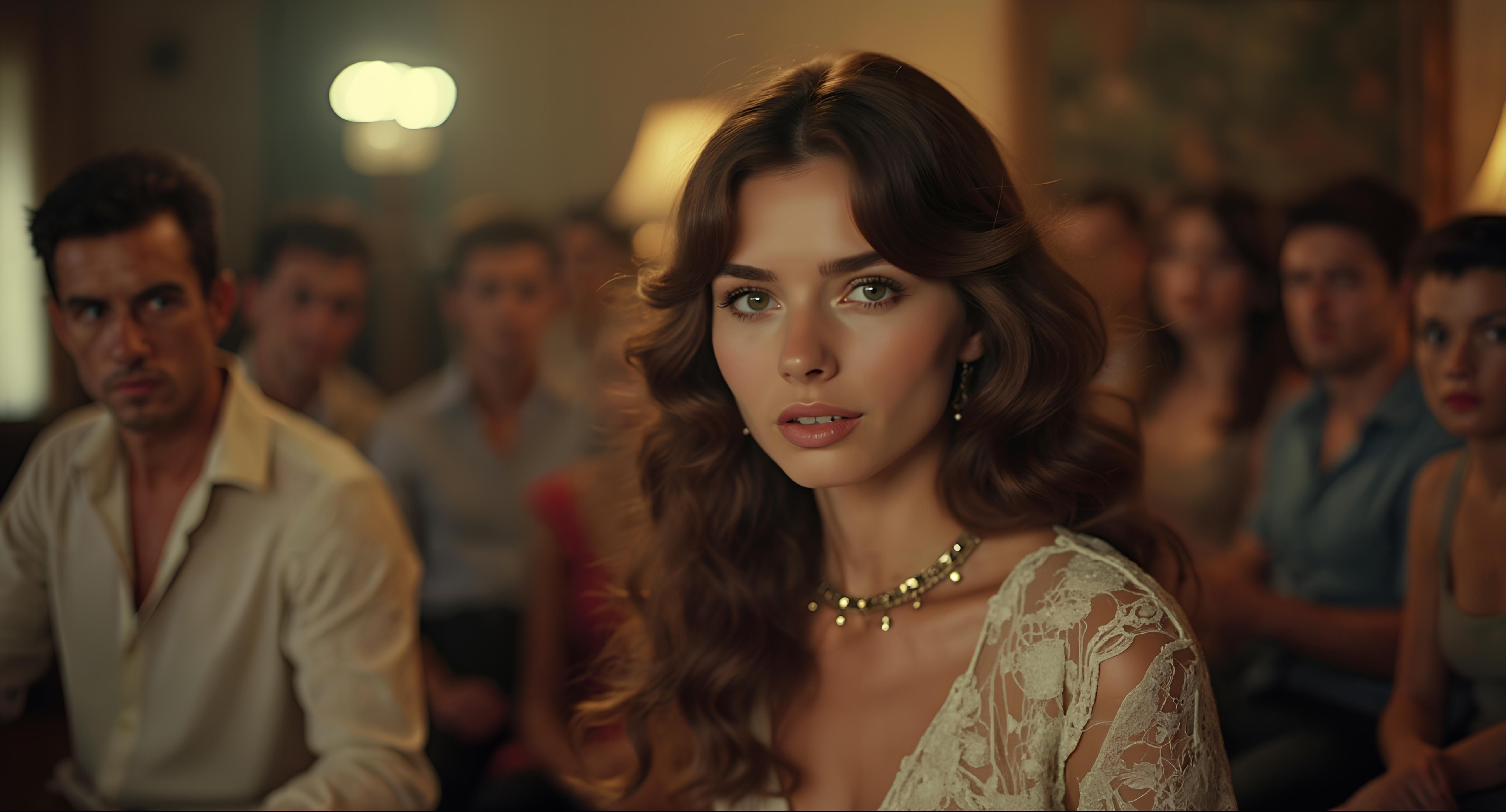 A woman with wavy brunette hair and a delicate dress, surrounded by an elegantly dressed group in a warmly lit room.