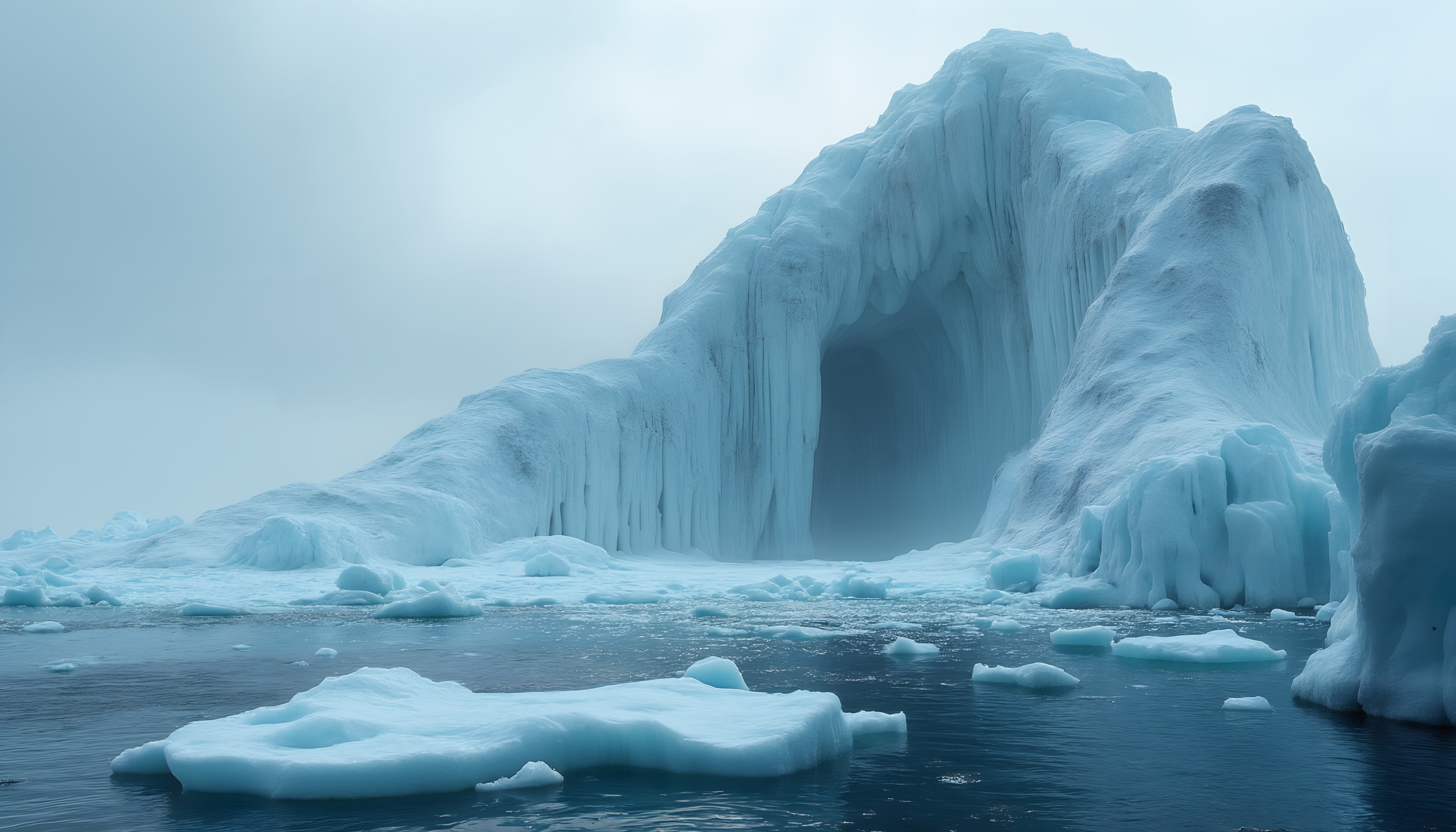 Towering iceberg with archway reflected in water.