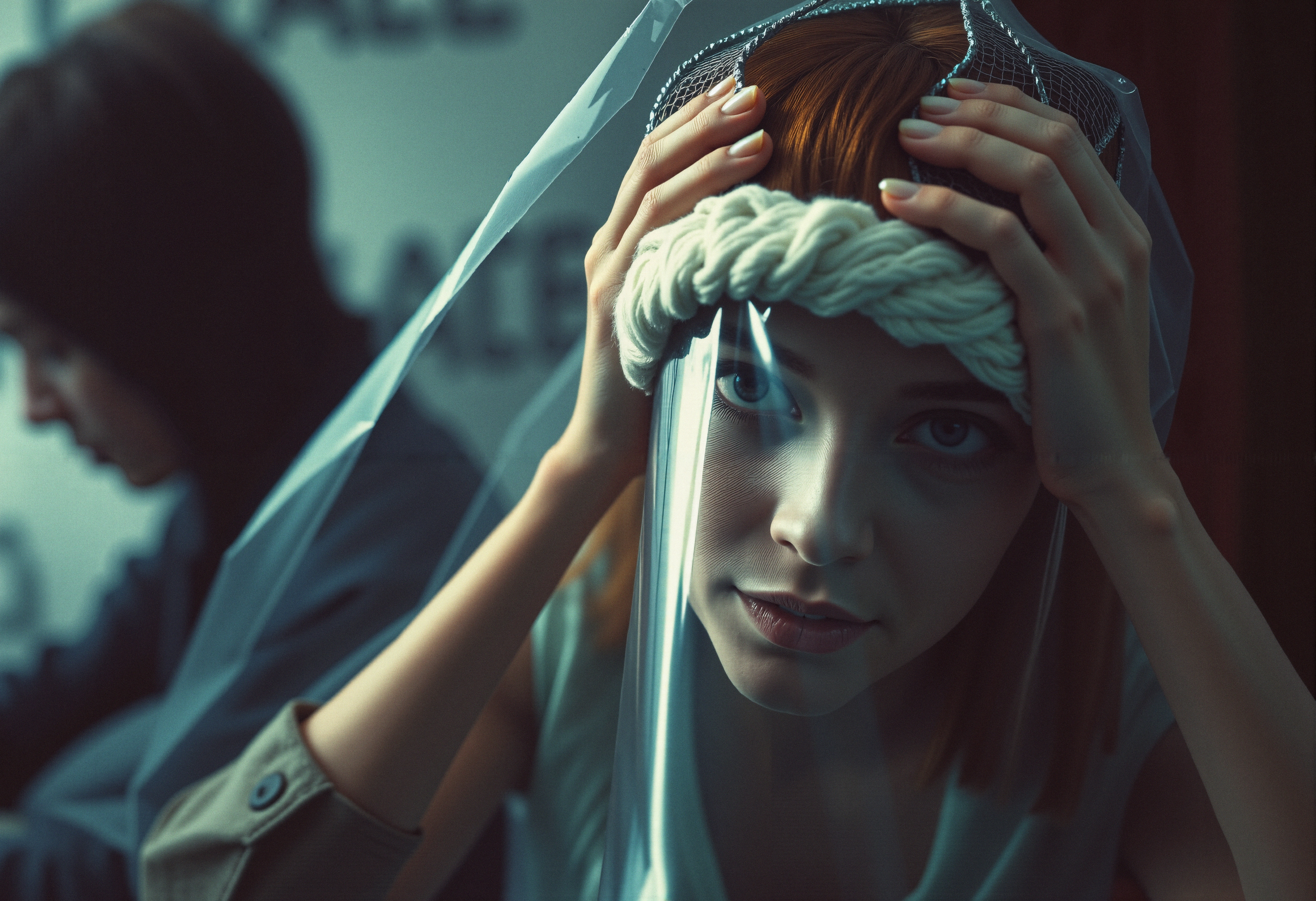 Contemplative Woman Behind Veil