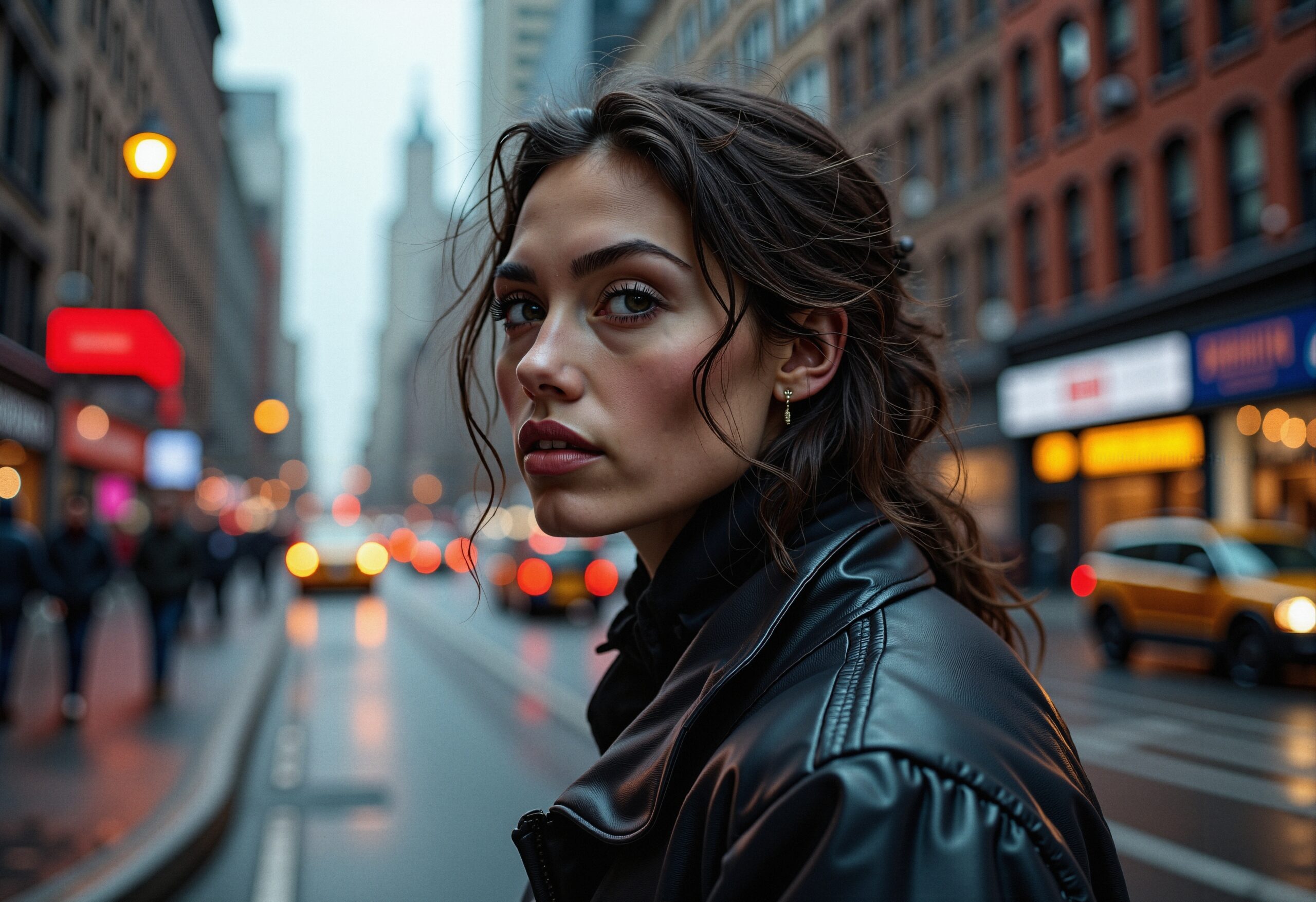 A woman in a leather jacket stands on a city street, surrounded by urban lights and tall buildings.
