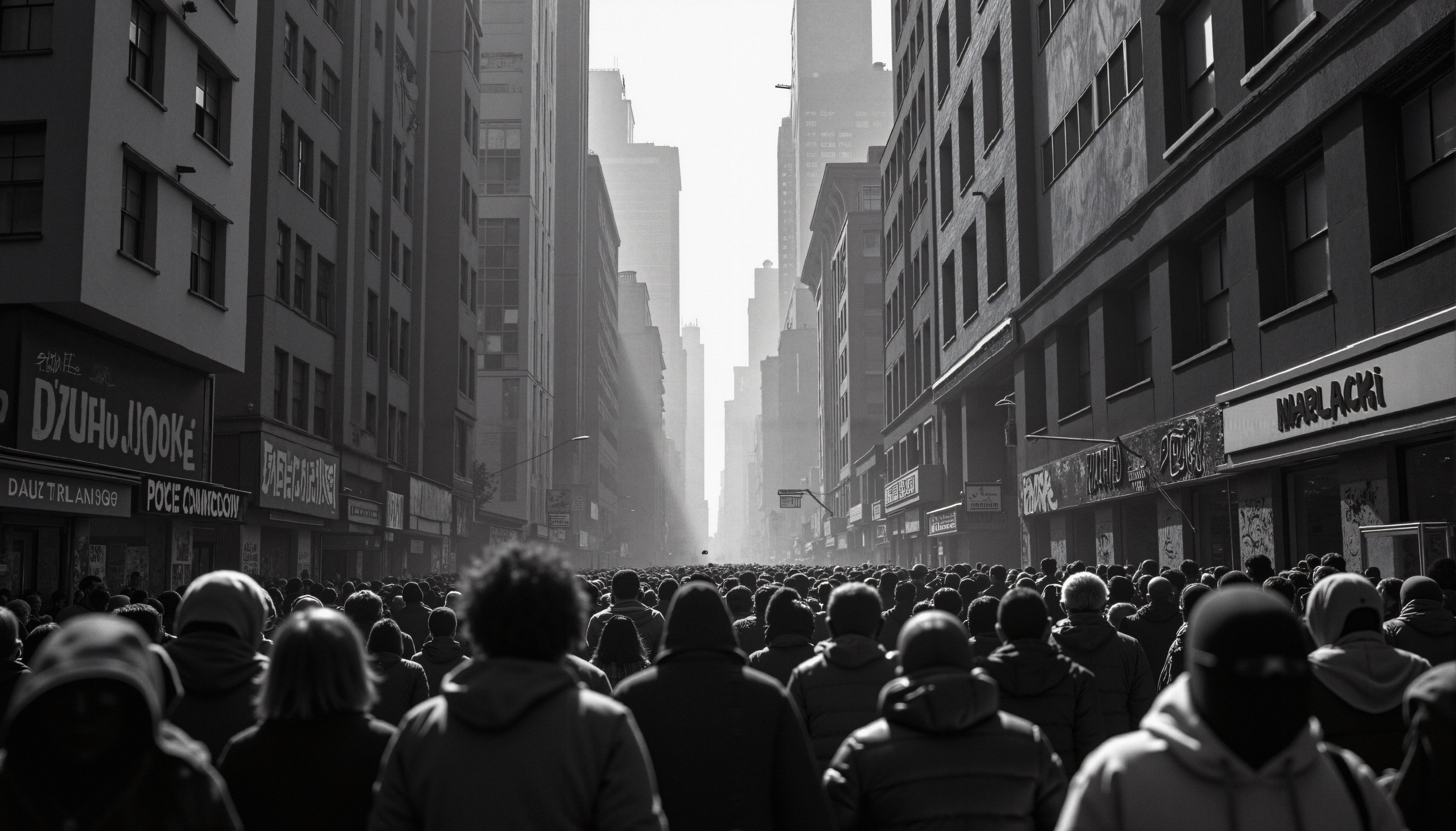 Crowd gathers in busy city